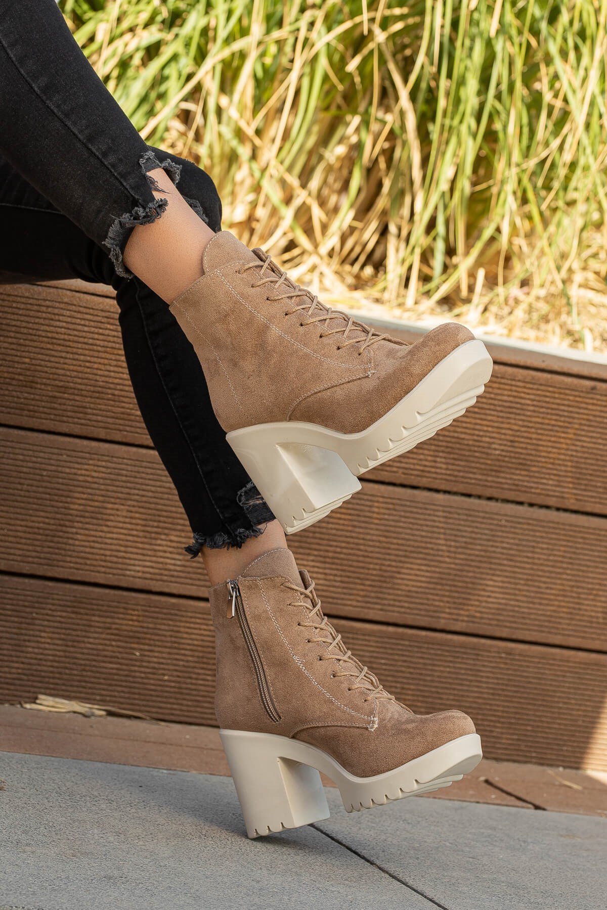 Bağcıklı Kadın Topuklu Bot VİZON SÜET TEN - Görsel 3