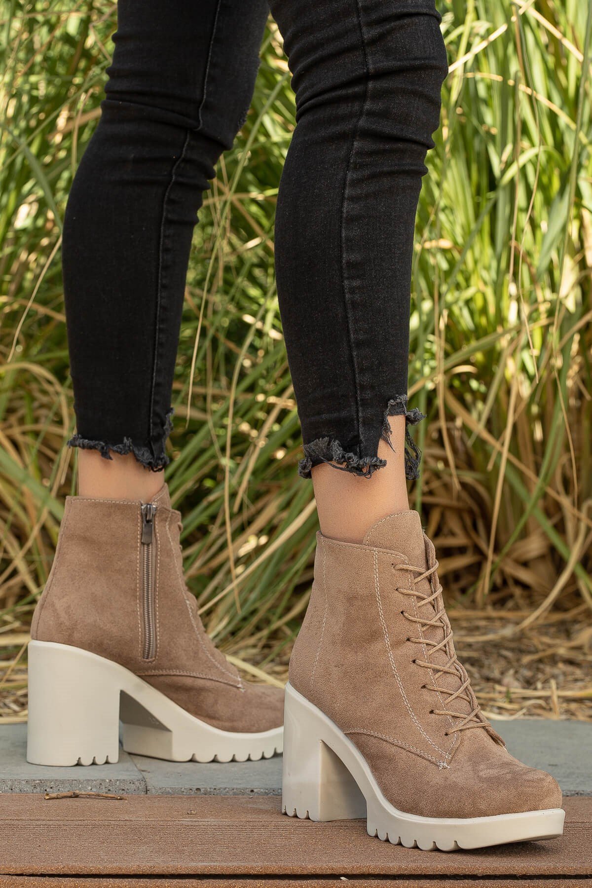 Bağcıklı Kadın Topuklu Bot VİZON SÜET TEN - Görsel 4