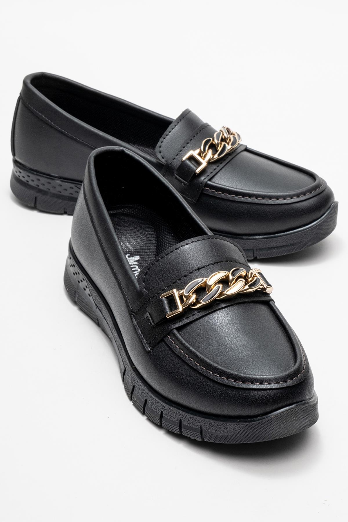 Yumuşak Tabanlı Zincir Detaylı Kadın Ayakkabı SİYAH CİLT - Görsel 2