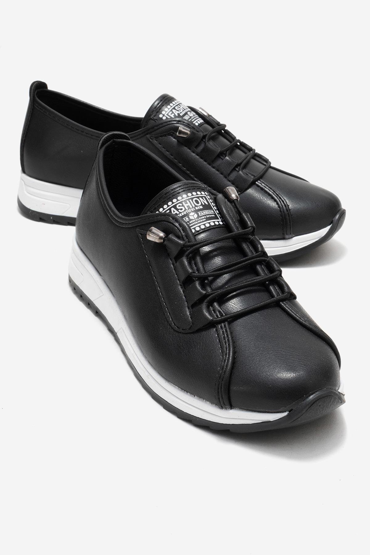 Yumuşak Tabanlı Lastik Bağcıklı Kadın Ayakkabı SİYAH CİLT - Görsel 2