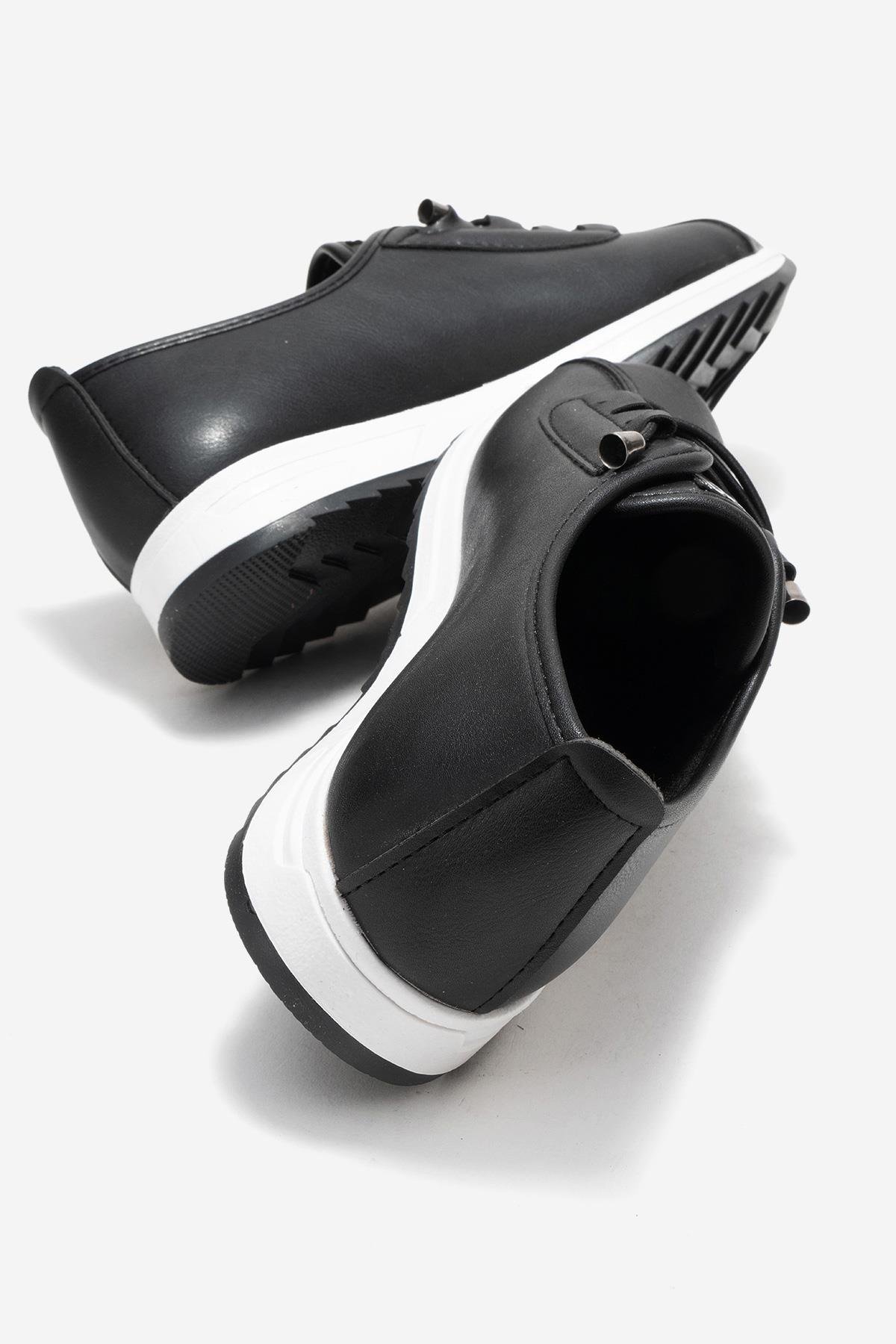 Yumuşak Tabanlı Lastik Bağcıklı Kadın Ayakkabı SİYAH CİLT - Görsel 5