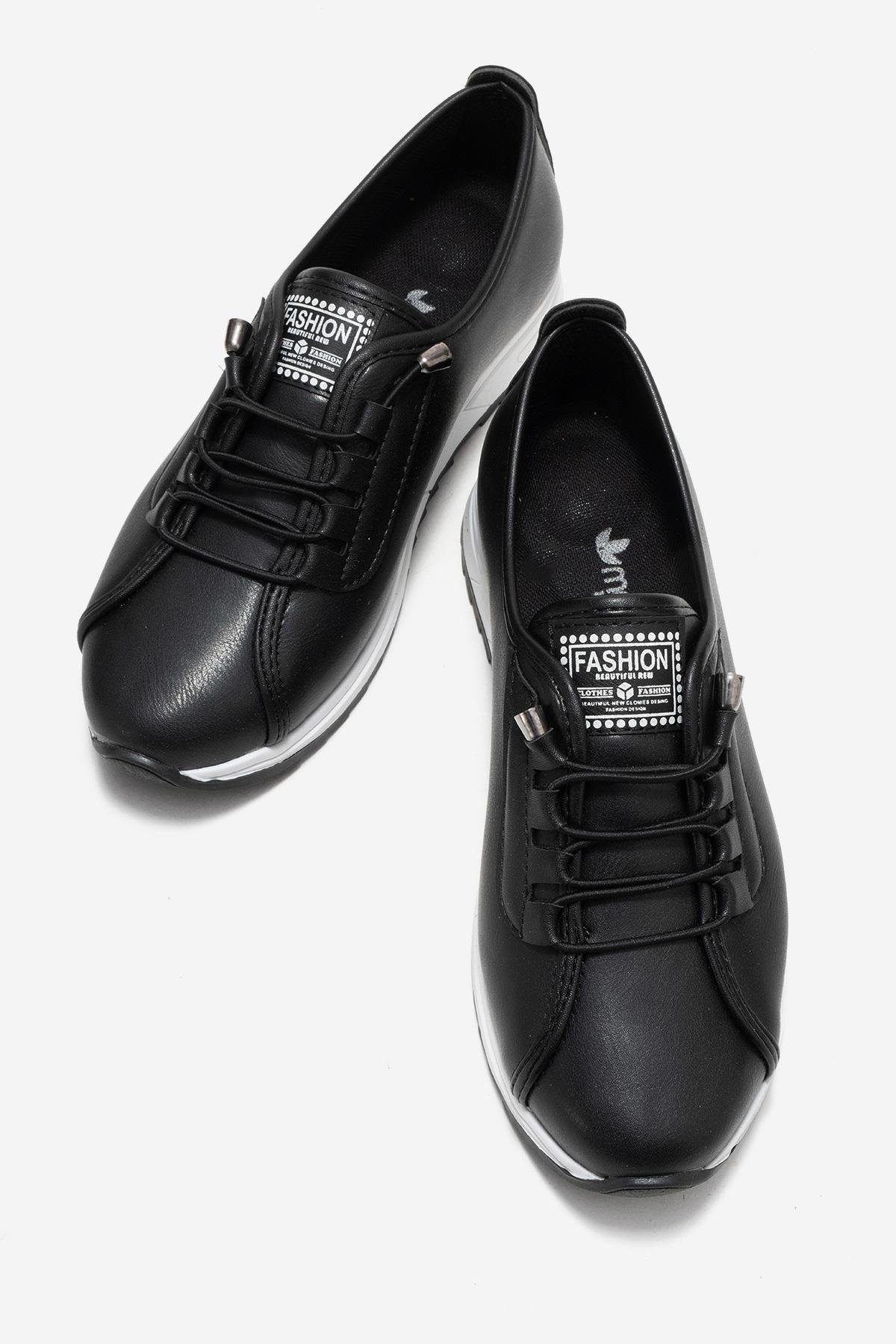 Yumuşak Tabanlı Lastik Bağcıklı Kadın Ayakkabı SİYAH CİLT - Görsel 6