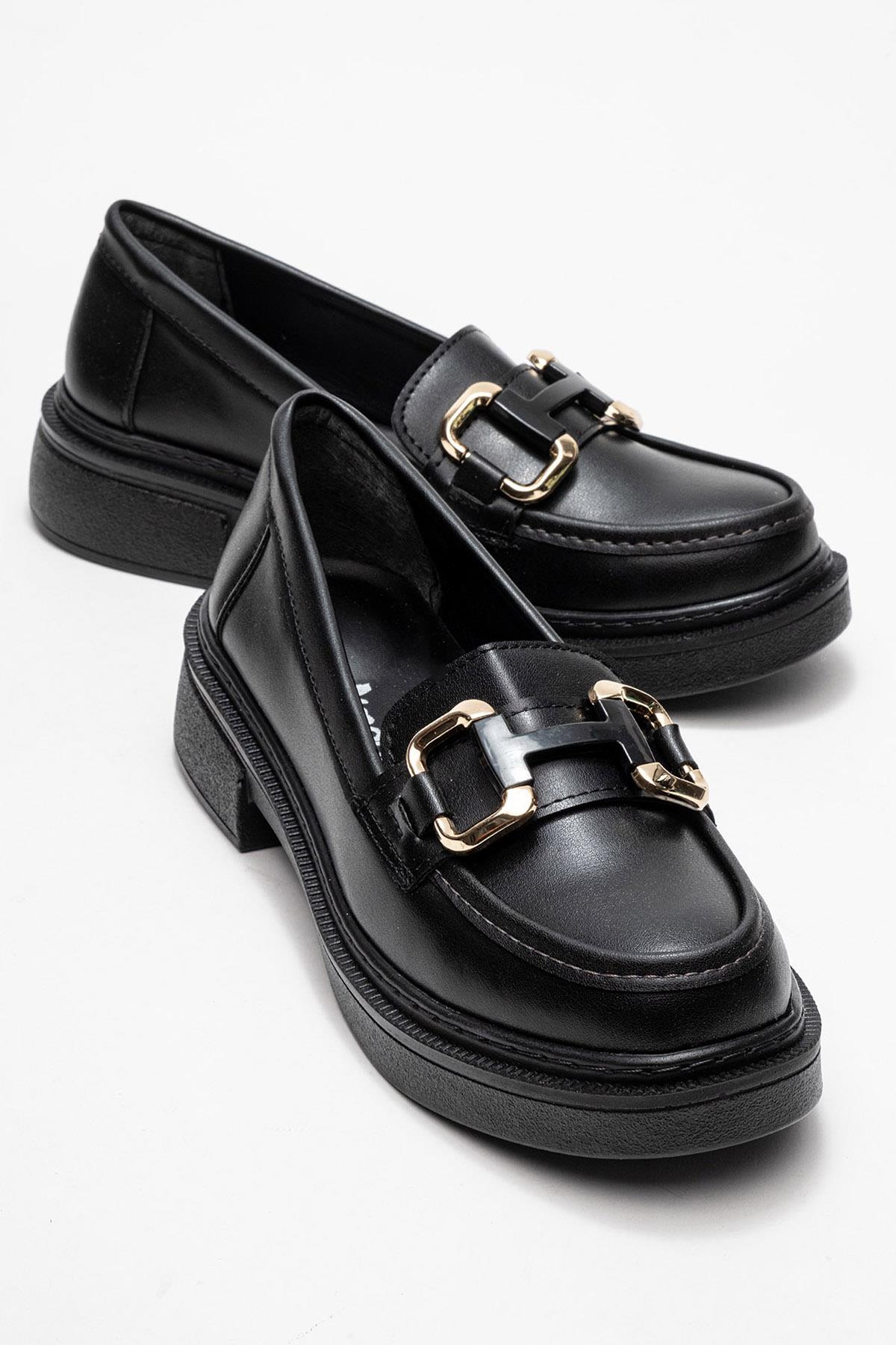 Kadın Kare Tokalı Loafer Ayakkabı SİYAH CİLT - Görsel 2