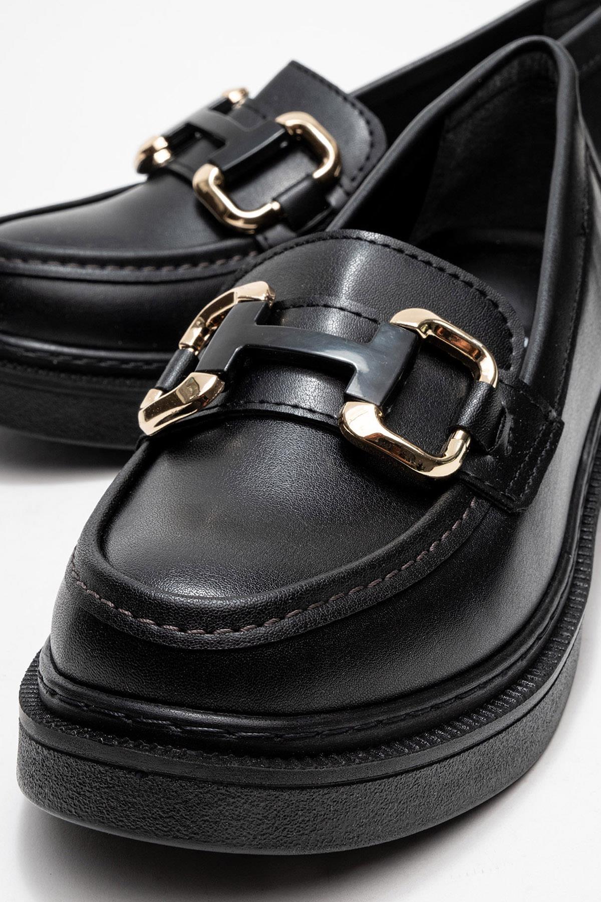 Kadın Kare Tokalı Loafer Ayakkabı SİYAH CİLT - Görsel 4