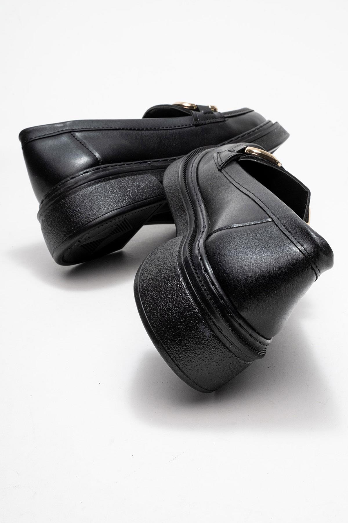 Kadın Kare Tokalı Loafer Ayakkabı SİYAH CİLT - Görsel 5