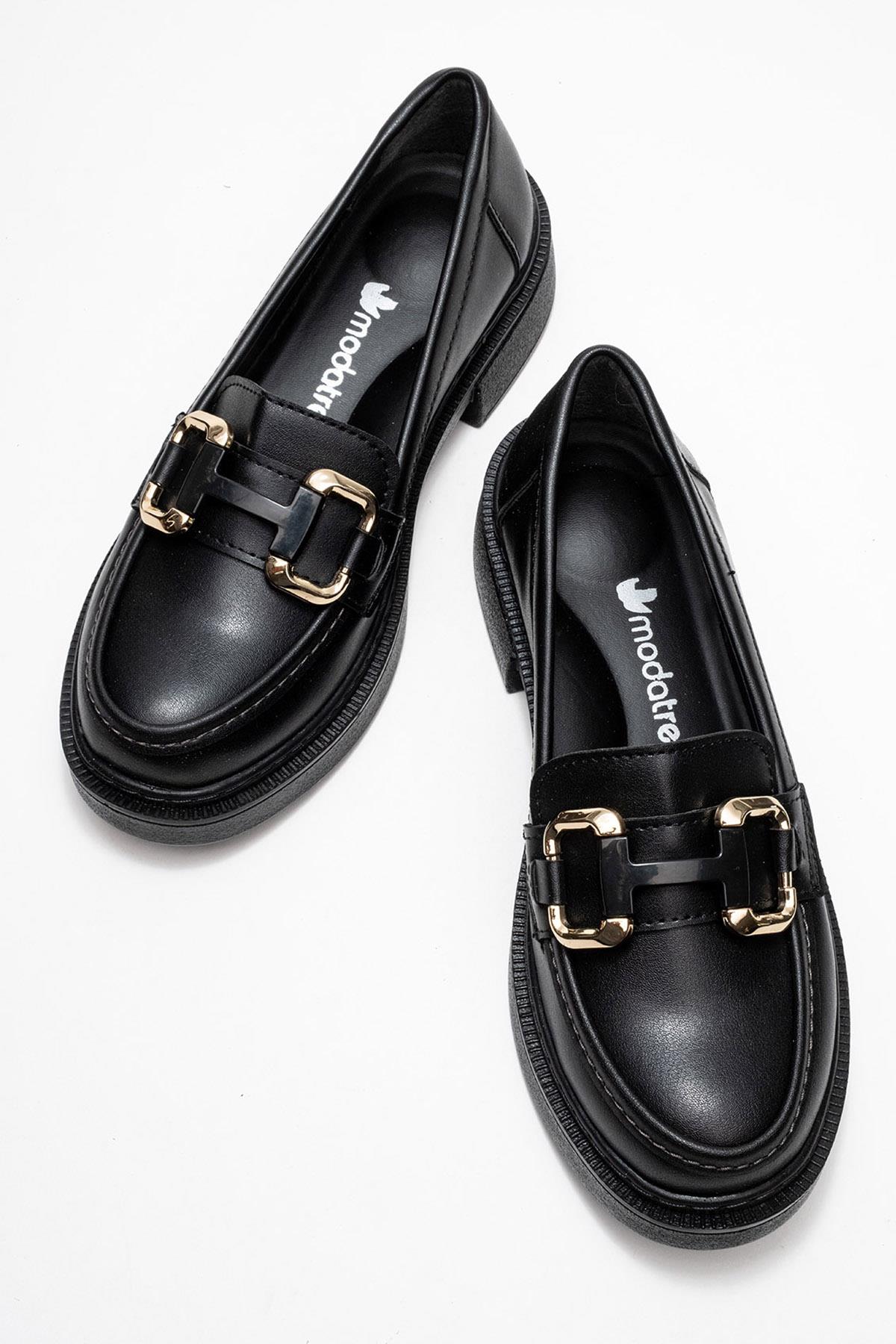 Kadın Kare Tokalı Loafer Ayakkabı SİYAH CİLT - Görsel 7