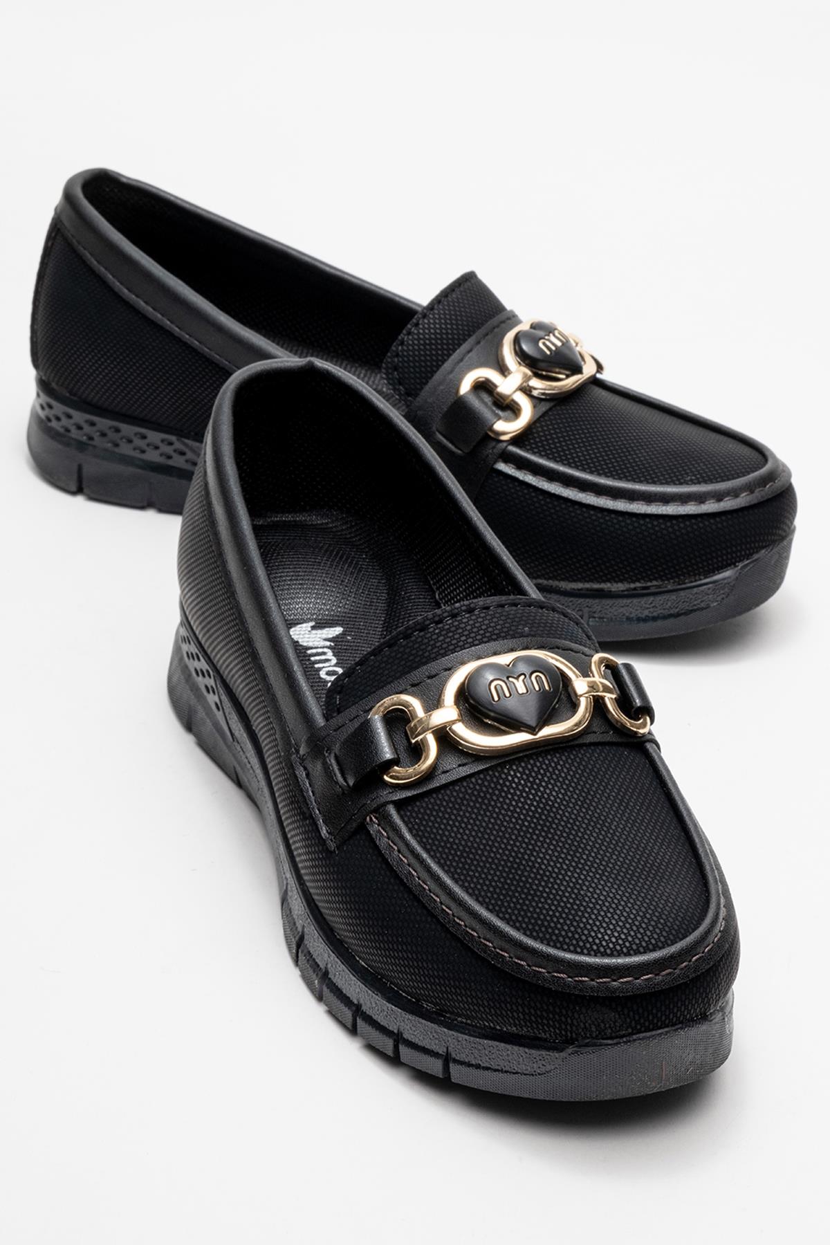 Yumuşak Tabanlı Kalp Tokalı Kadın Ayakkabı SİYAH KOT - Görsel 2