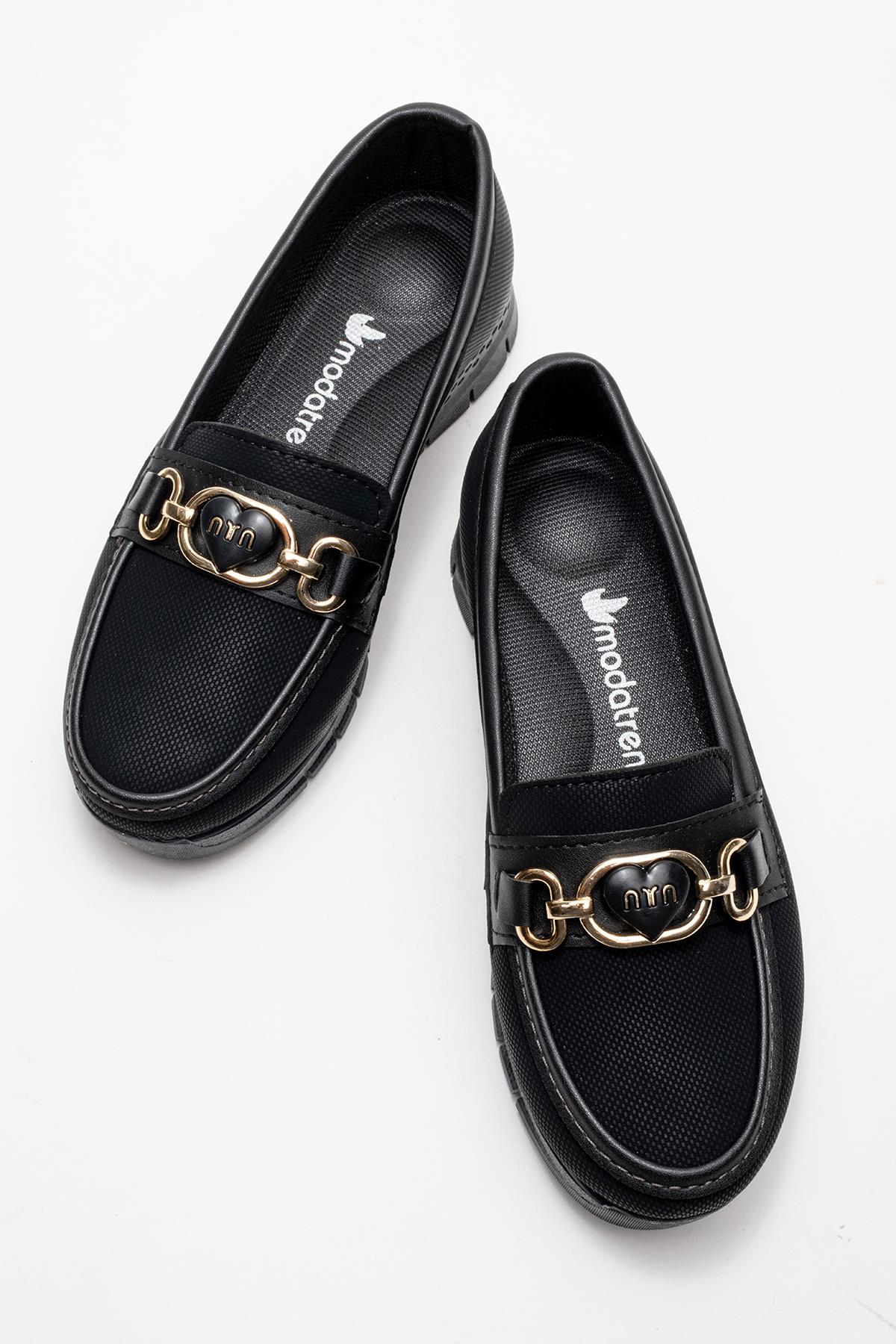 Yumuşak Tabanlı Kalp Tokalı Kadın Ayakkabı SİYAH KOT - Görsel 6