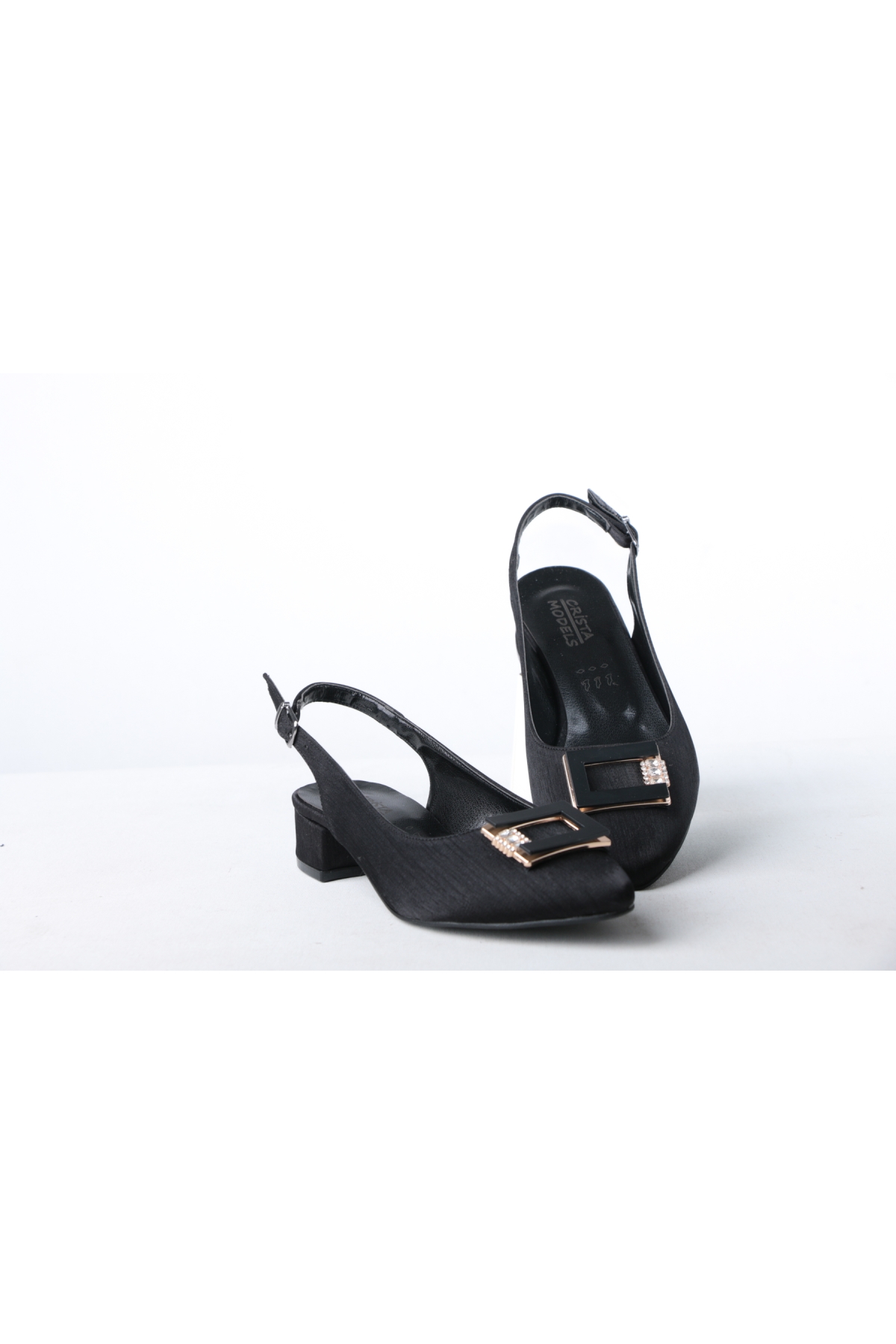 3 Cm Siyah Saten Taşlı Arka Açık Topuklu Kadın Ayakkabı - Görsel 2