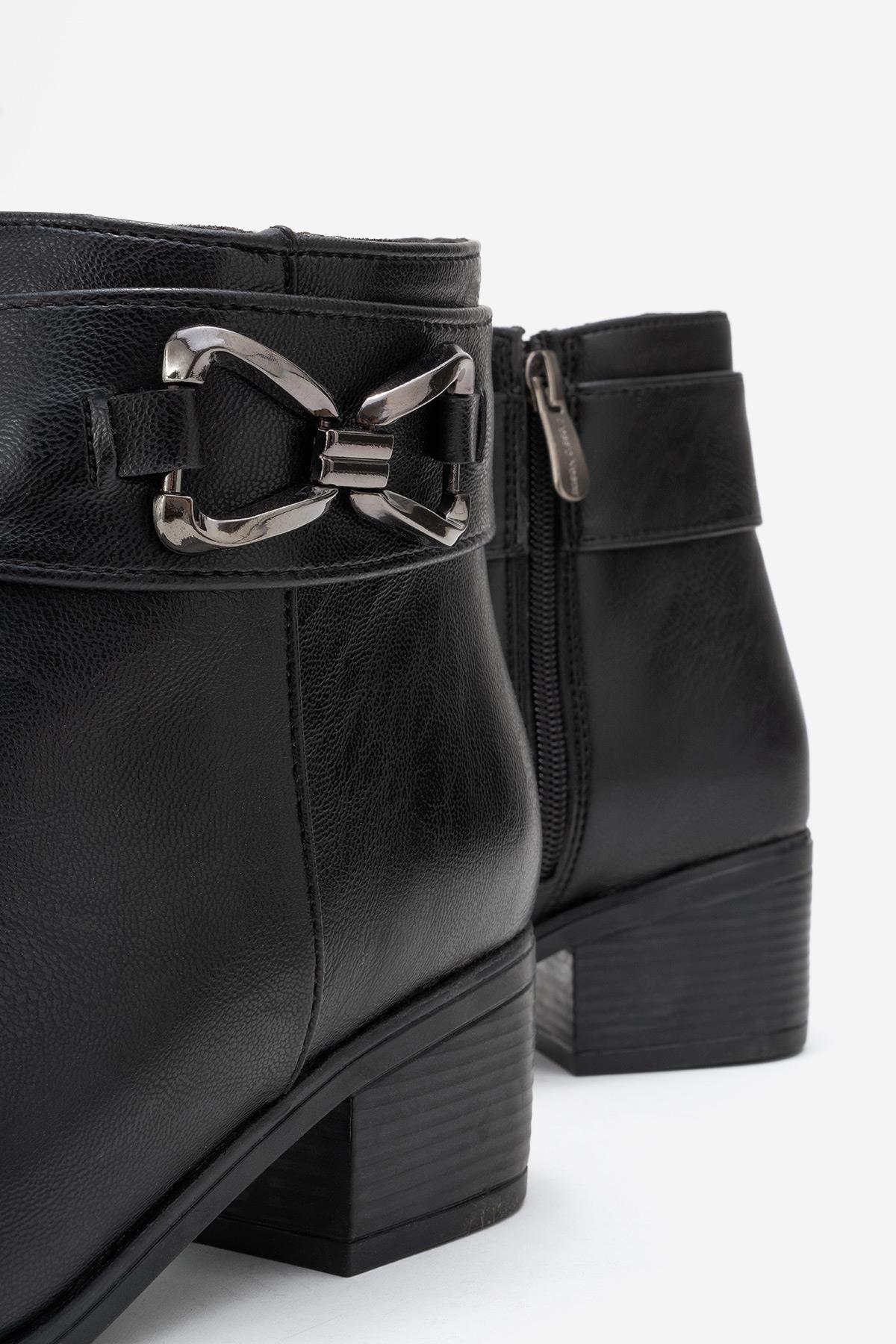 Kadın Çift Üçgen Tokalı Topuklu Bot SİYAH CİLT - Görsel 4