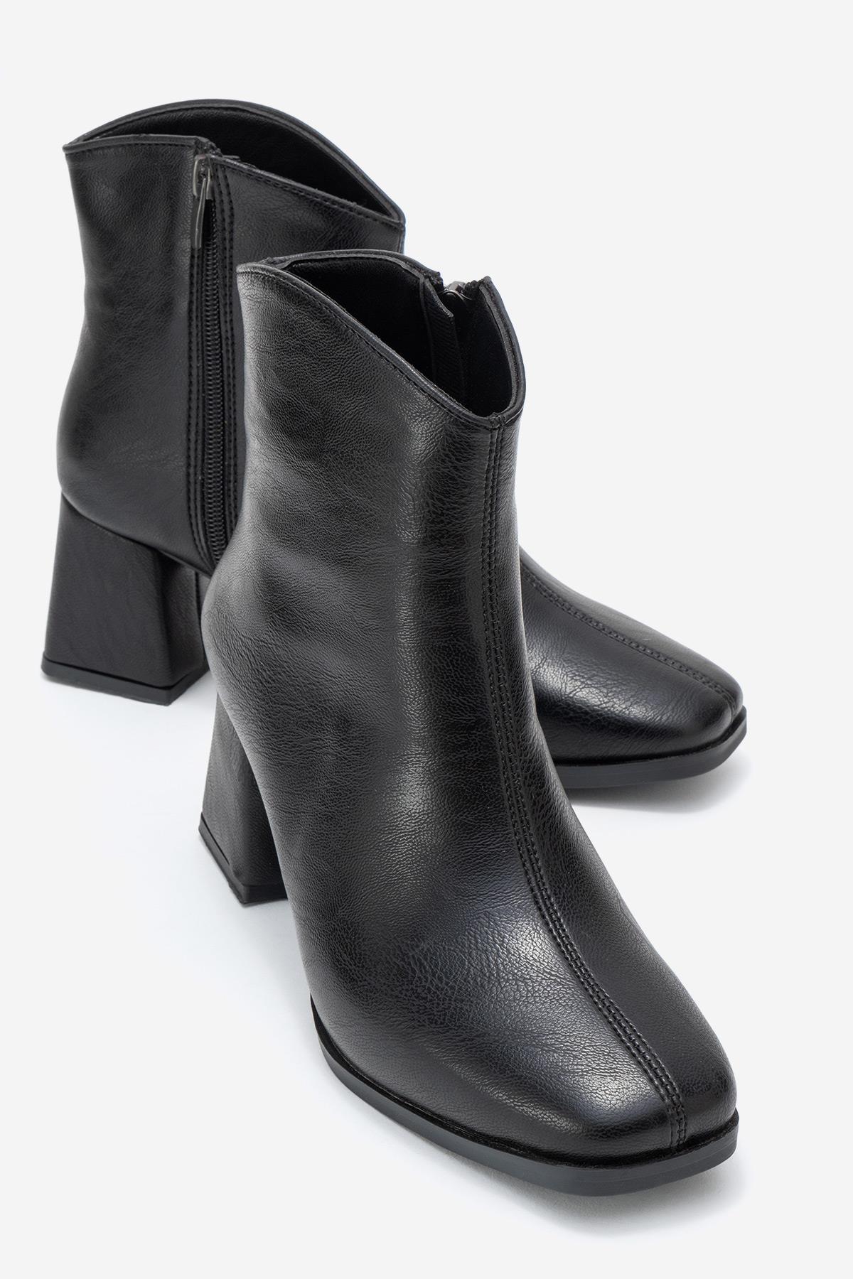 Kadın Sade Küt Burunlu Topuklu Bot SİYAH CİLT - Görsel 2