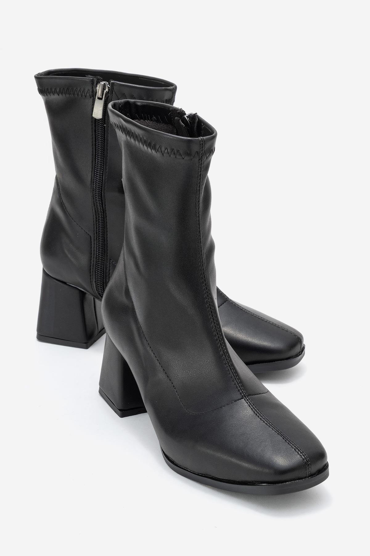 Kadın Sade Streçli Küt Burunlu Topuklu Bot SİYAH CİLT - Görsel 2