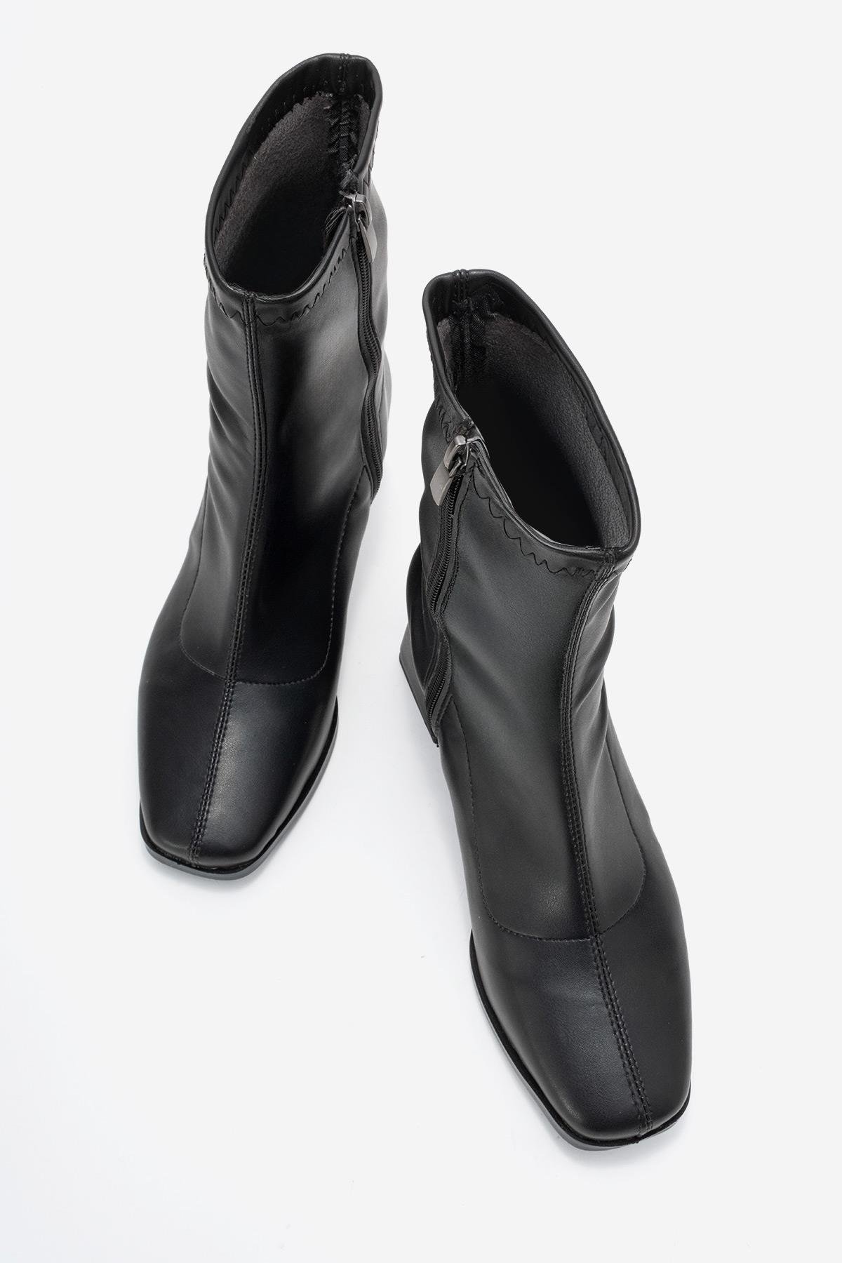 Kadın Sade Streçli Küt Burunlu Topuklu Bot SİYAH CİLT - Görsel 6