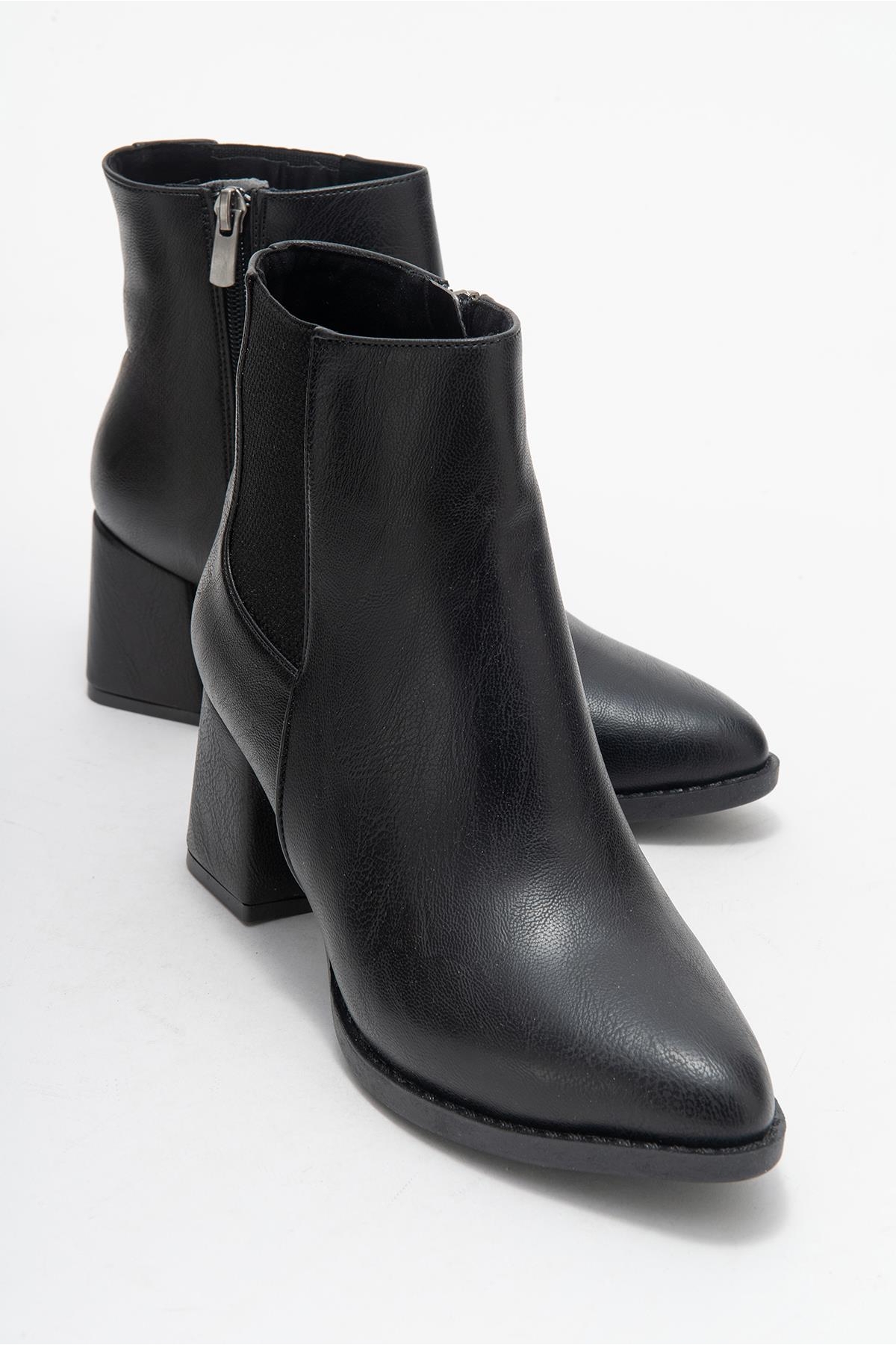 Kadın Sade Lastikli Sivri Burunlu Topuklu Bot SİYAH CİLT - Görsel 2
