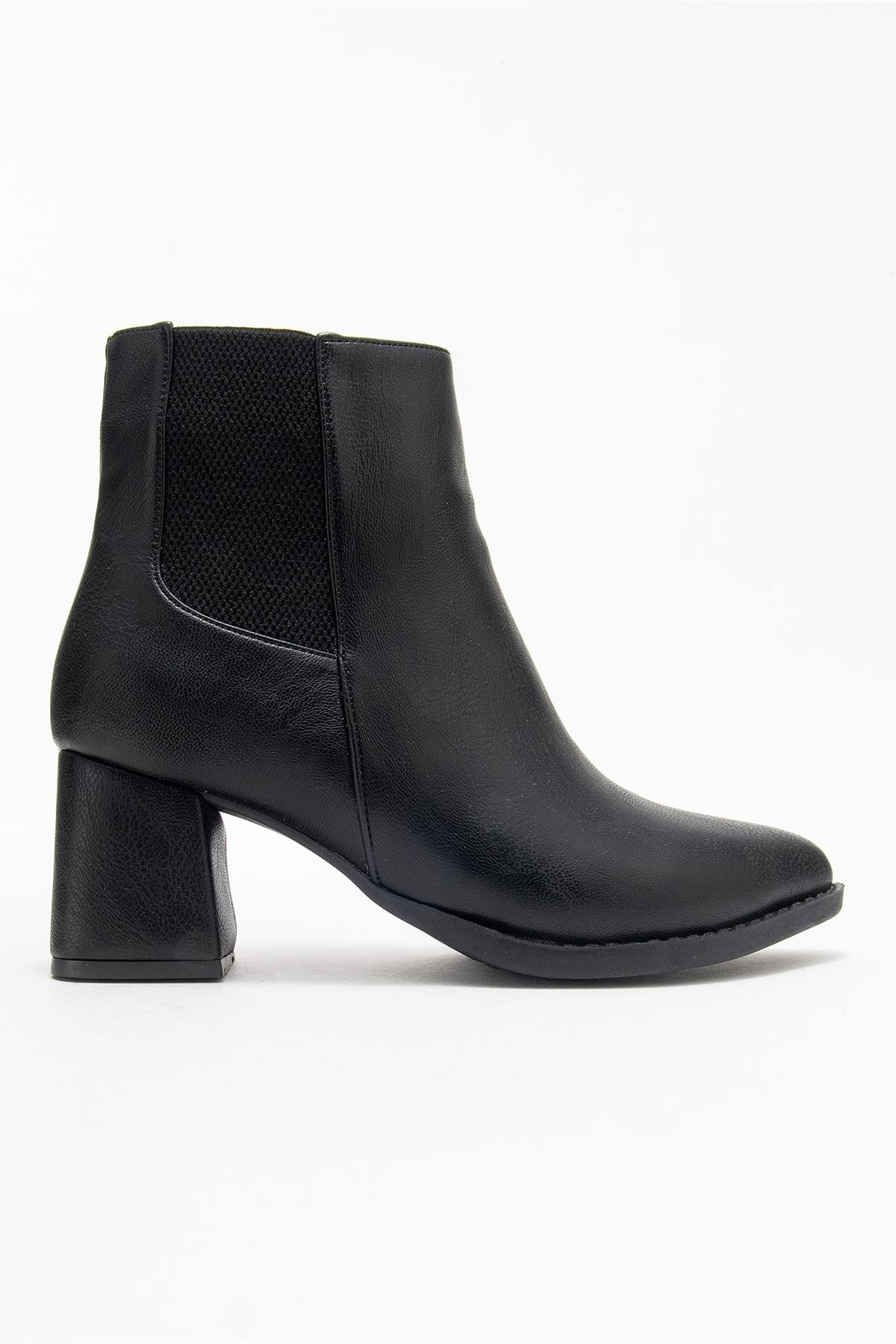 Kadın Sade Lastikli Sivri Burunlu Topuklu Bot SİYAH CİLT - Görsel 3