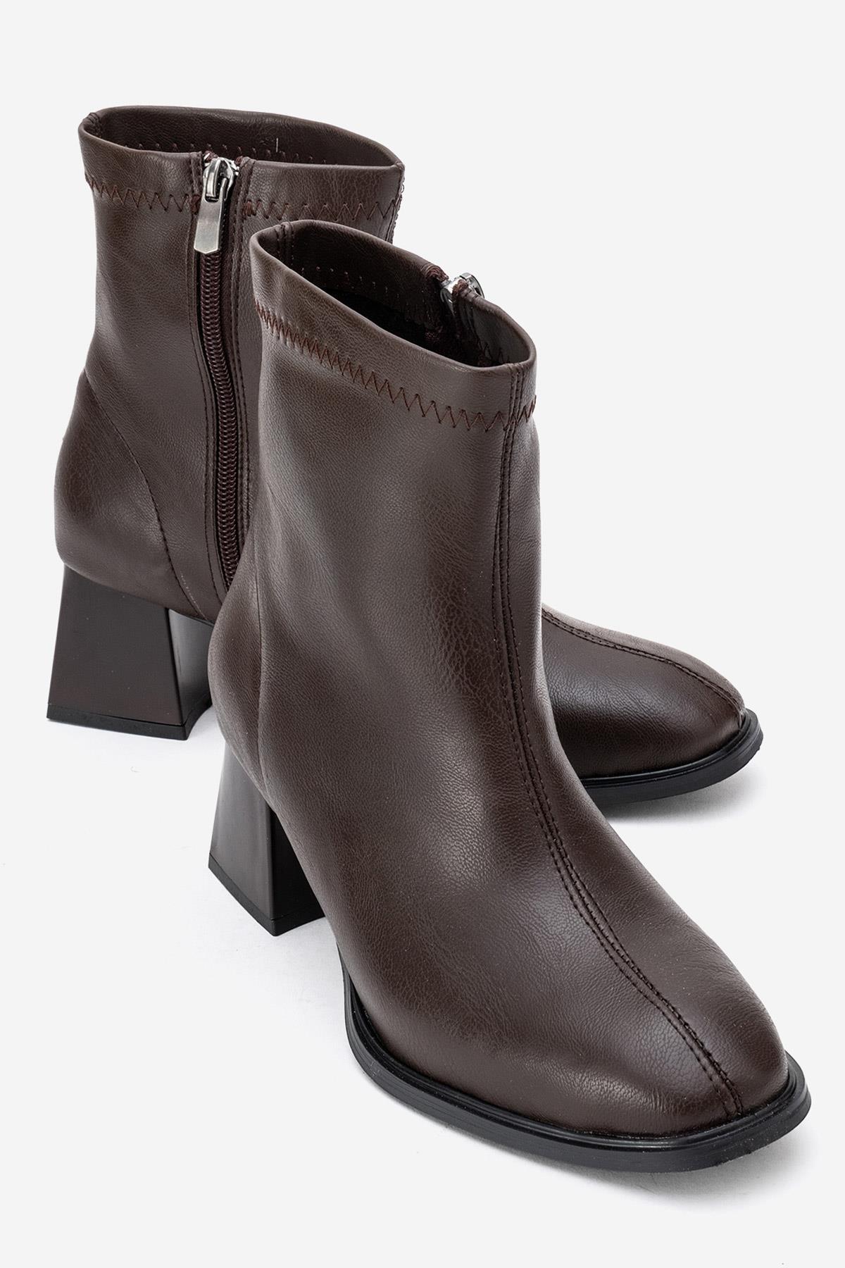 Sade Streçli Küt Burunlu Bot KAHVE CİLT - Görsel 2