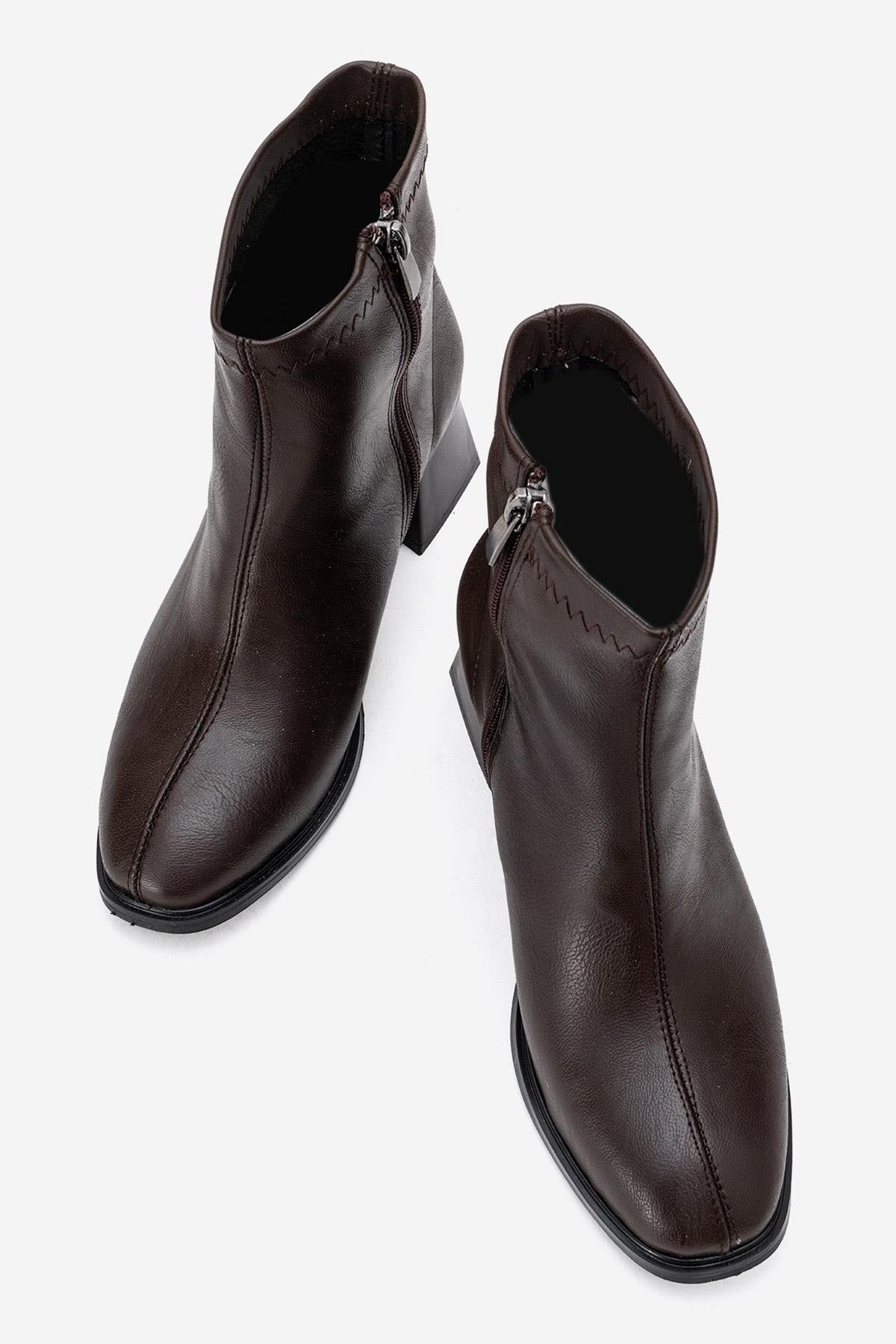 Sade Streçli Küt Burunlu Bot KAHVE CİLT - Görsel 6