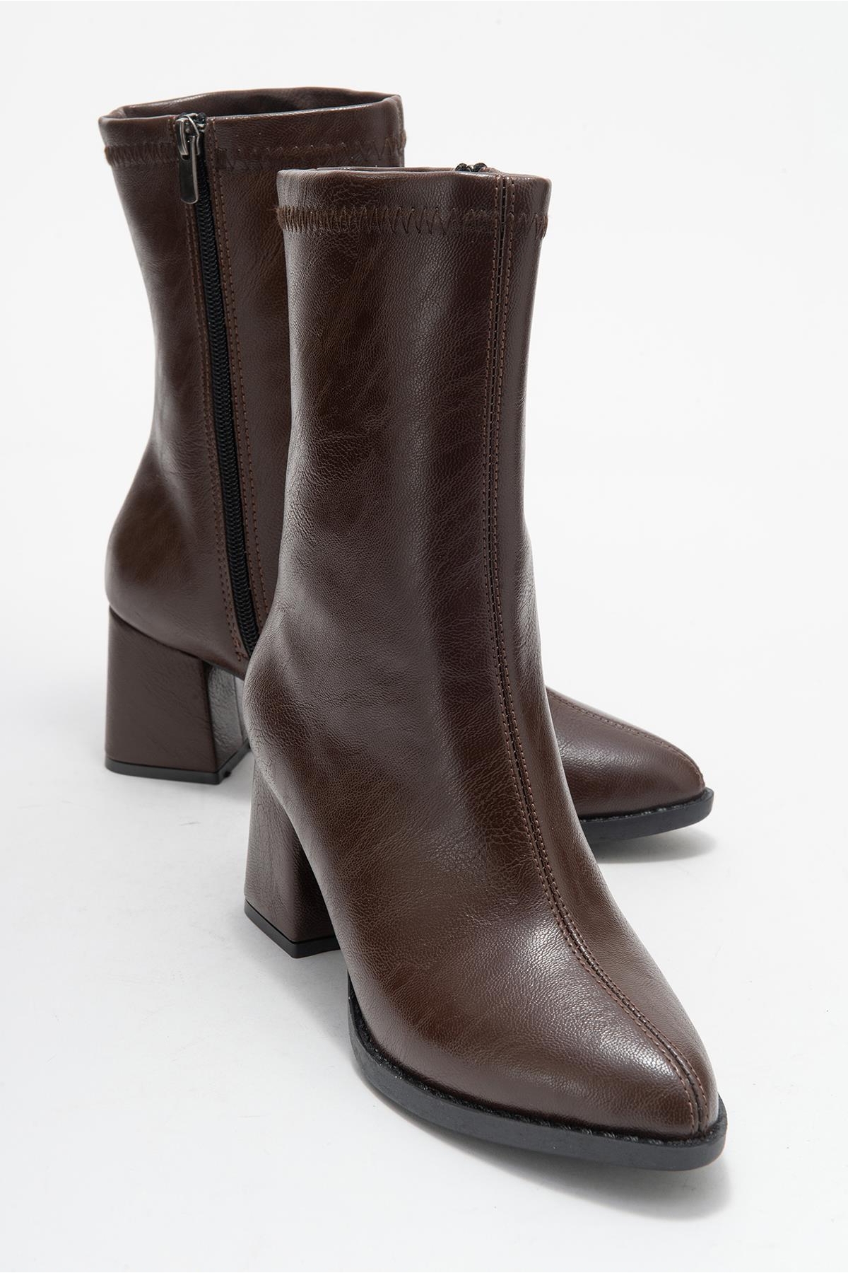 Sade Dikişli Fermuarlı Kadın Topuklu Bot KAHVE CİLT - Görsel 2