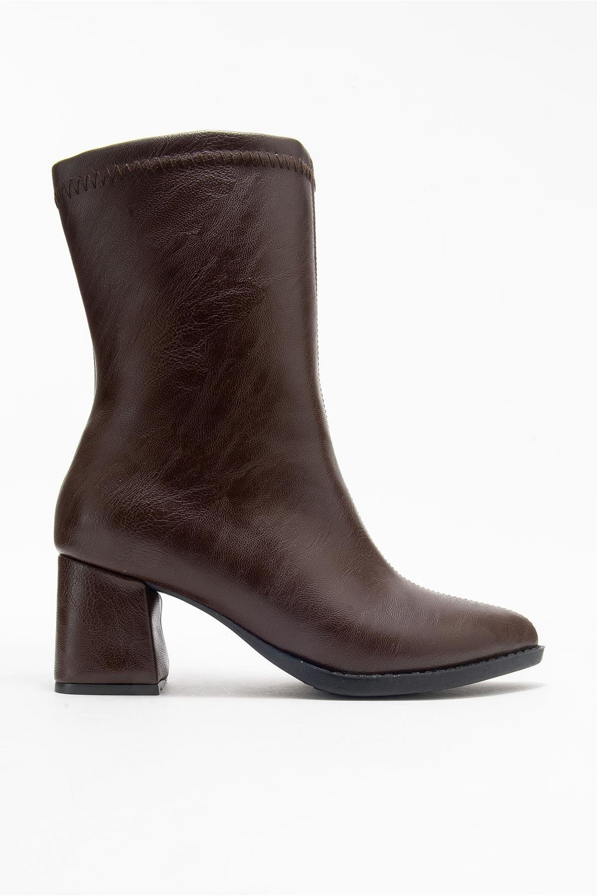 Sade Dikişli Fermuarlı Kadın Topuklu Bot KAHVE CİLT - Görsel 3