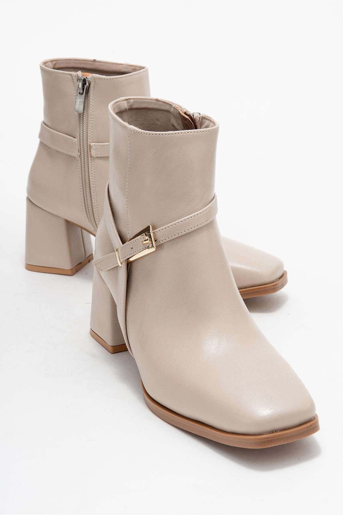 Küt Burunlu Tokalı Kadın Topuklu Bot TEN CİLT - Görsel 2