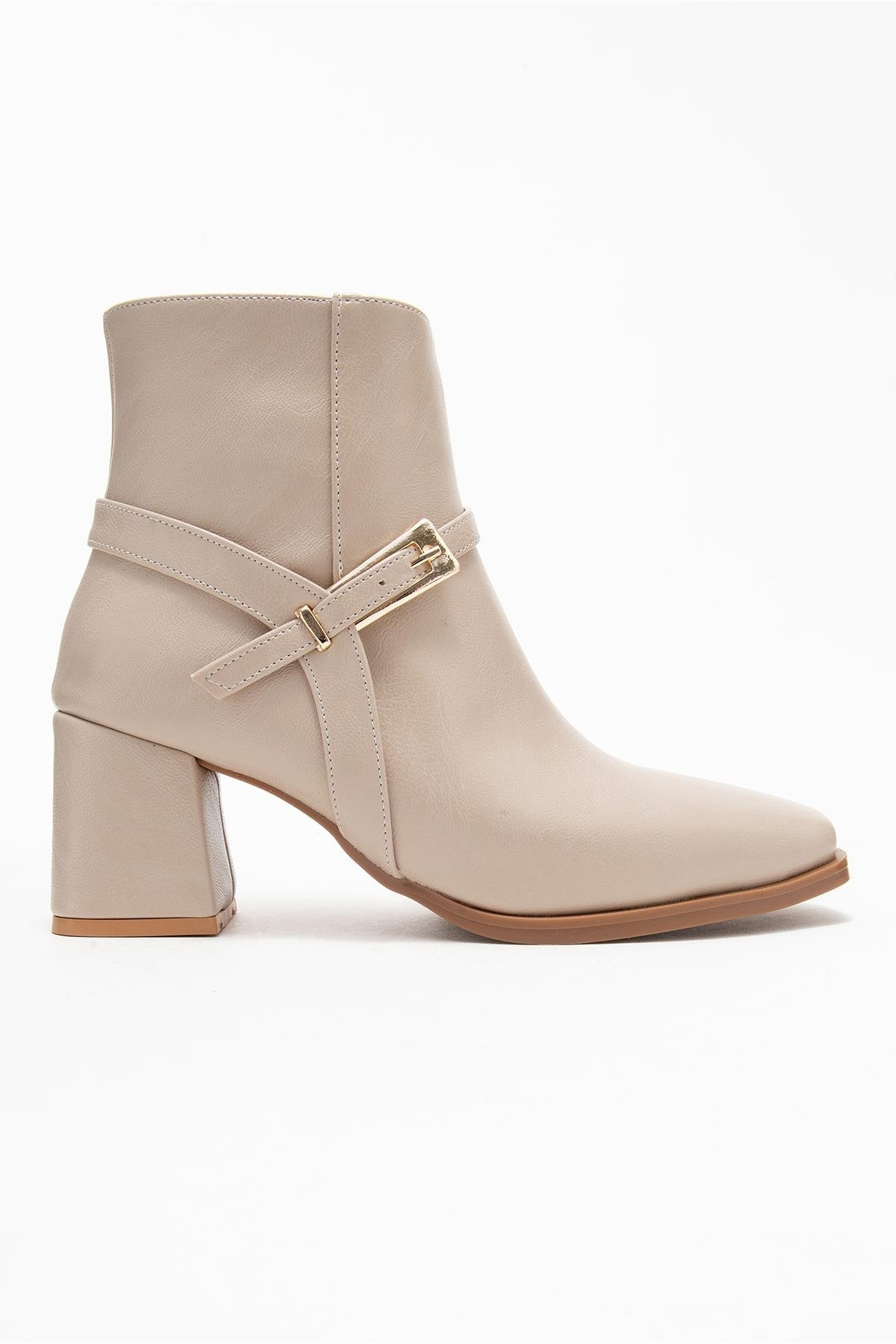 Küt Burunlu Tokalı Kadın Topuklu Bot TEN CİLT - Görsel 3