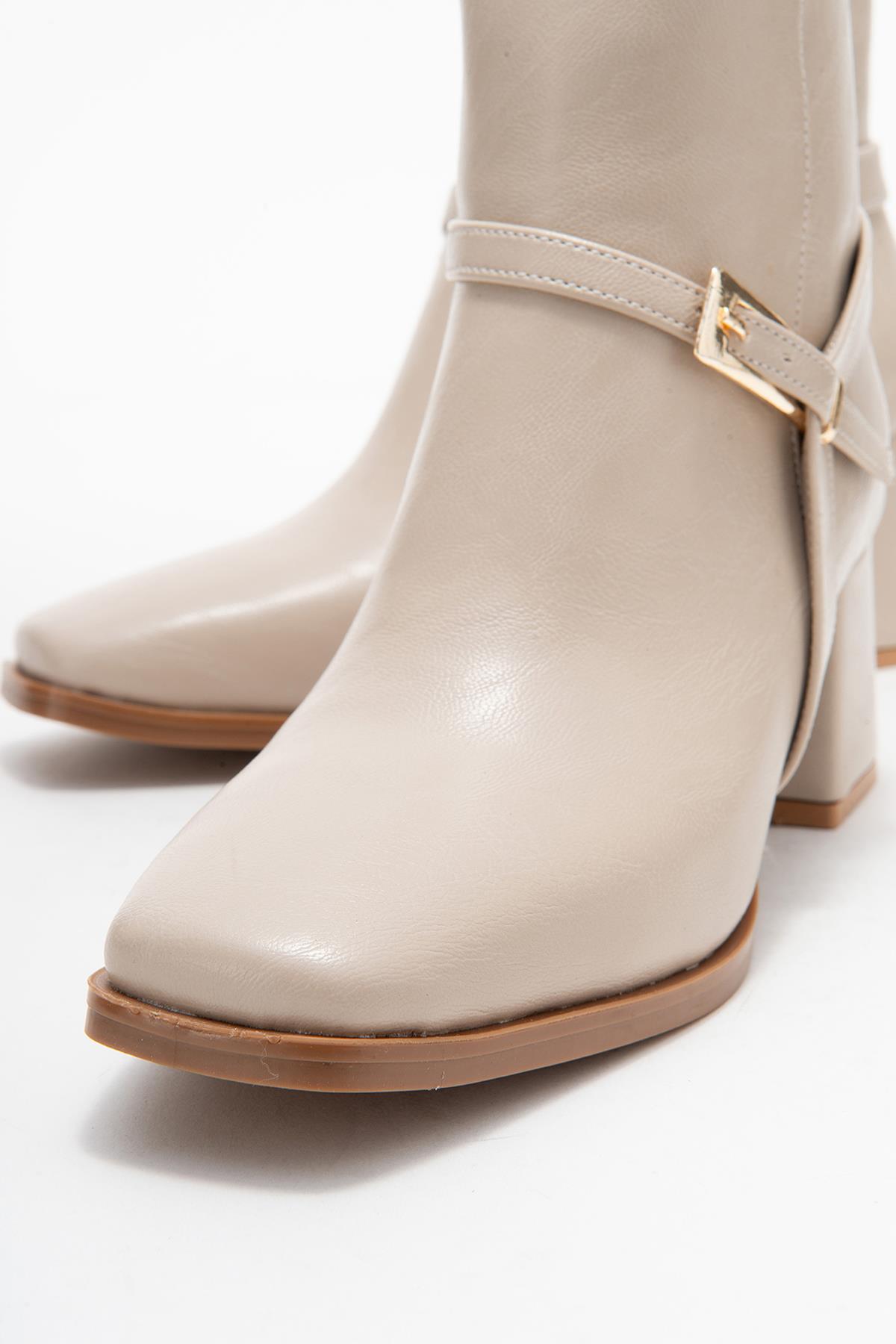 Küt Burunlu Tokalı Kadın Topuklu Bot TEN CİLT - Görsel 4