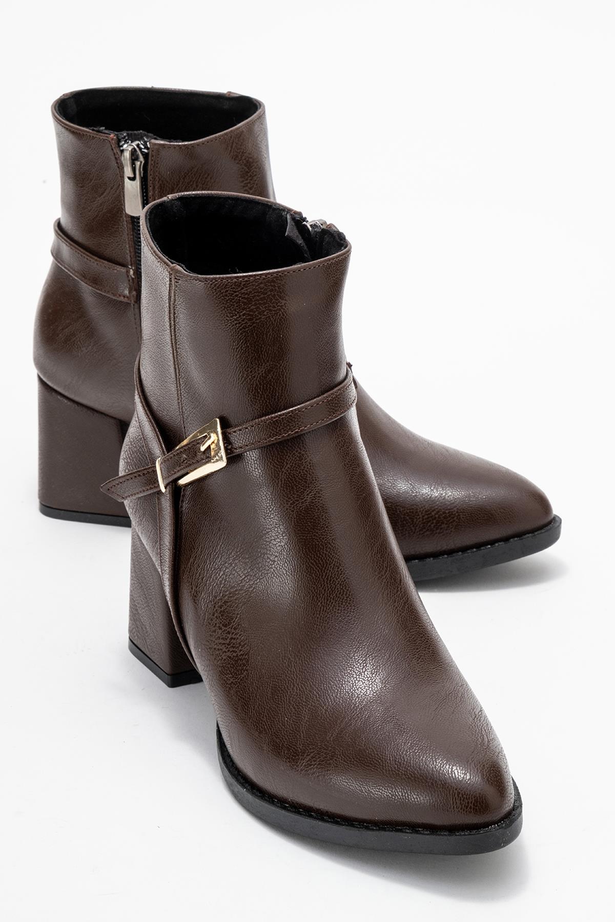 Sivri Burunlu Tokalı Kadın Topuklu Bot KAHVE CİLT - Görsel 2