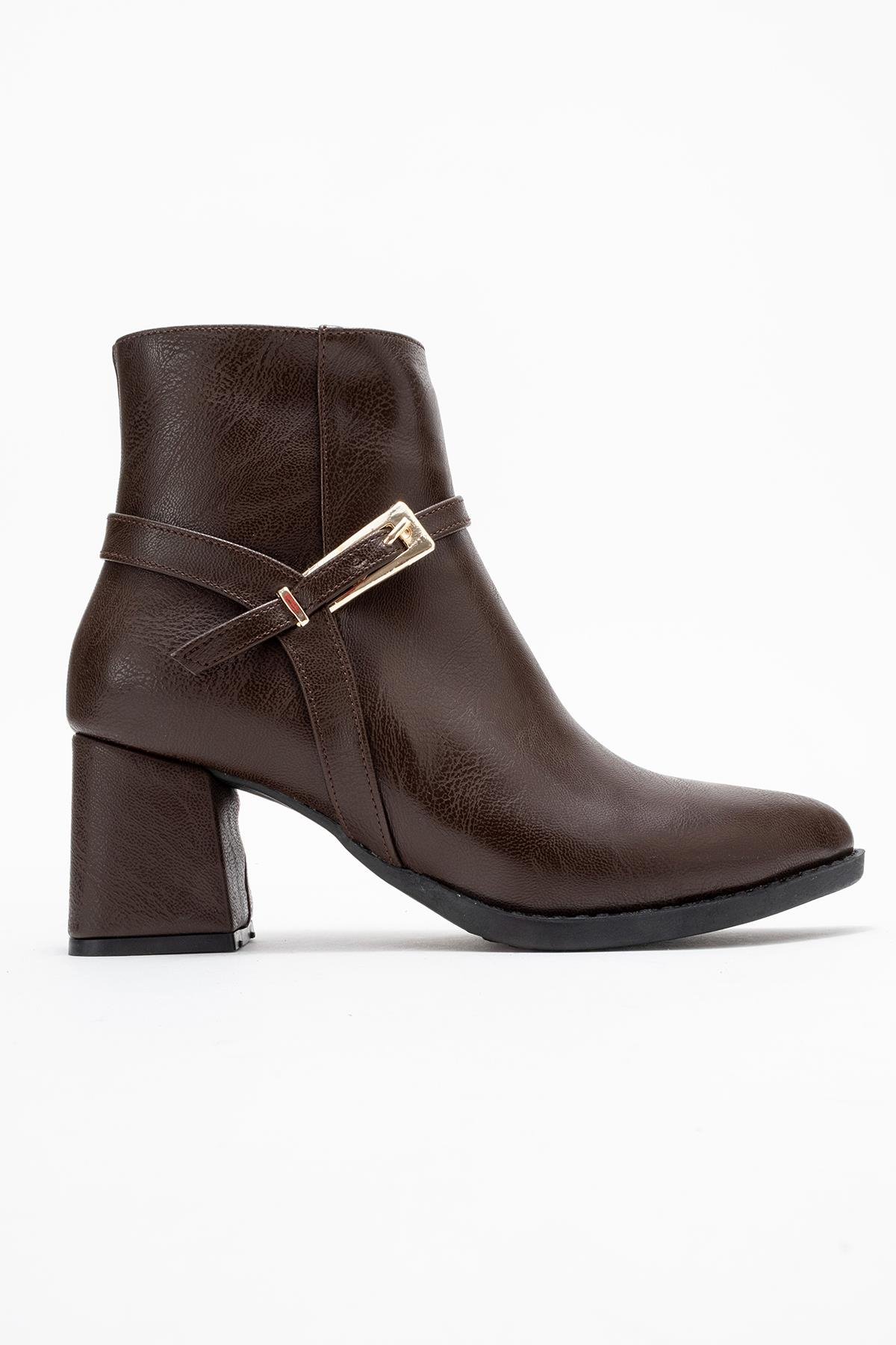 Sivri Burunlu Tokalı Kadın Topuklu Bot KAHVE CİLT - Görsel 3