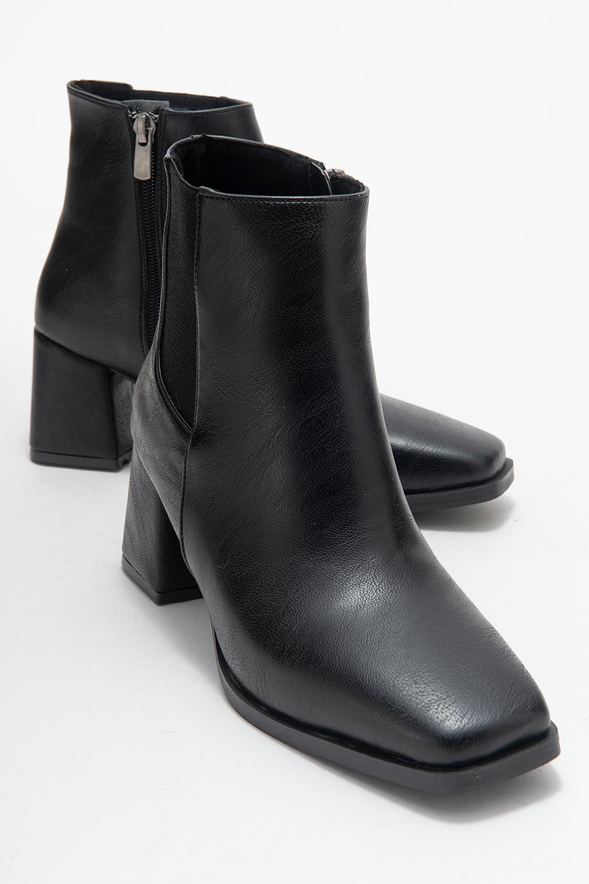 Küt Burunlu Sade Lastikli Kadın Topuklu Bot SİYAH CİLT - Görsel 2
