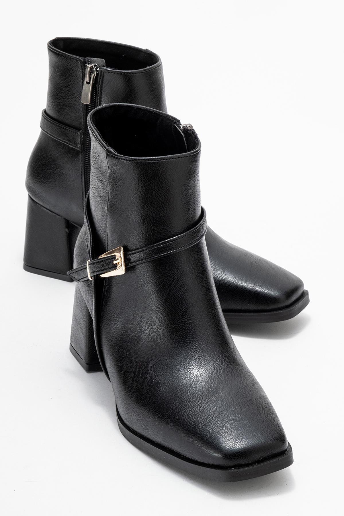 Küt Burunlu Tokalı Kadın Topuklu Bot SİYAH CİLT - Görsel 2