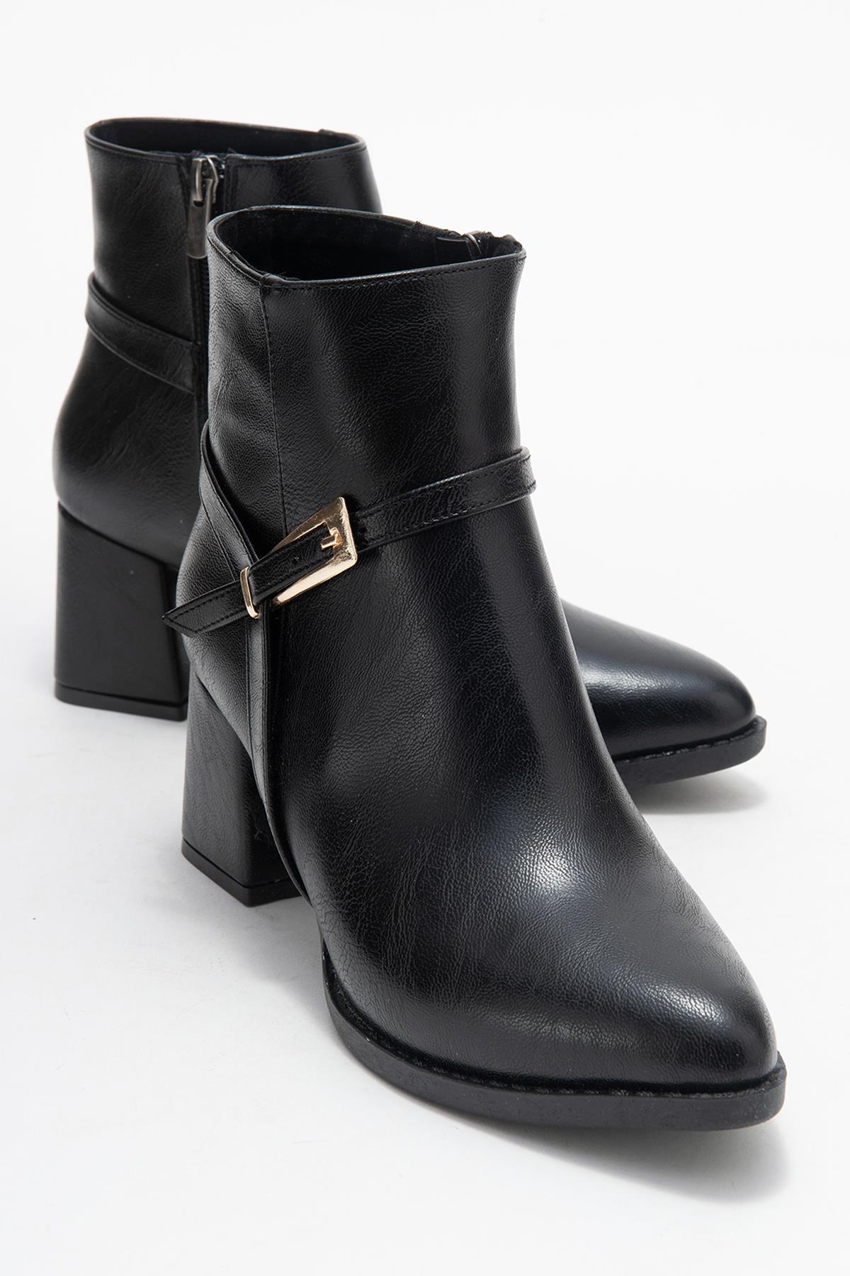 Sivri Burunlu Tokalı Kadın Topuklu Bot SİYAH CİLT - Görsel 2