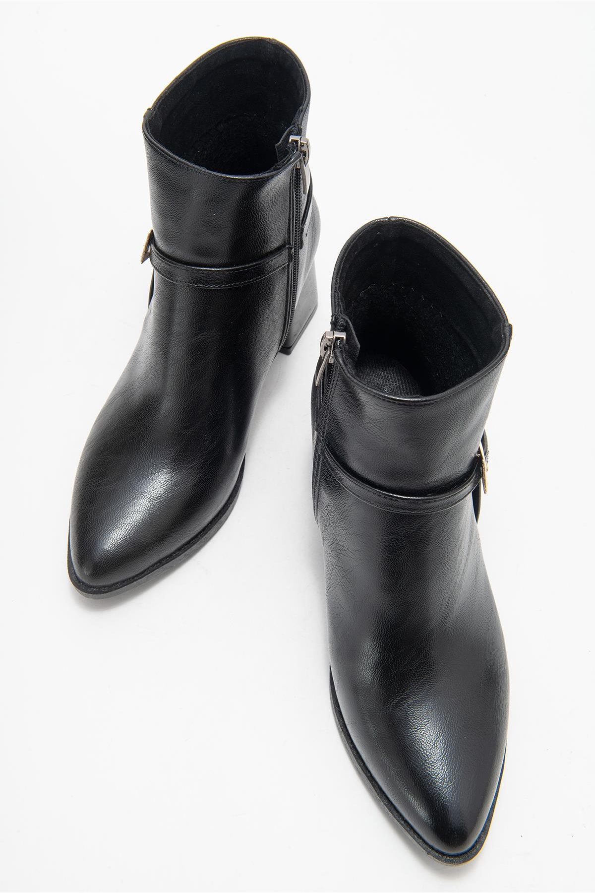 Sivri Burunlu Tokalı Kadın Topuklu Bot SİYAH CİLT - Görsel 6