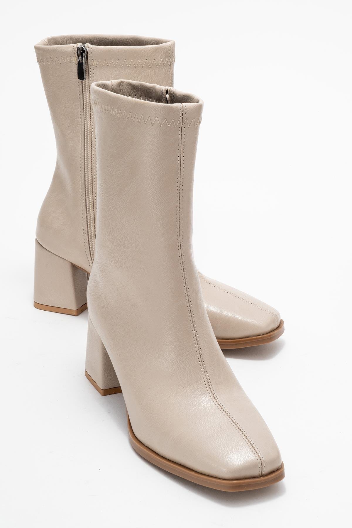 Küt Burunlu Sade Dikişli Fermuarlı Kadın Topuklu Bot TEN CİLT - Görsel 2