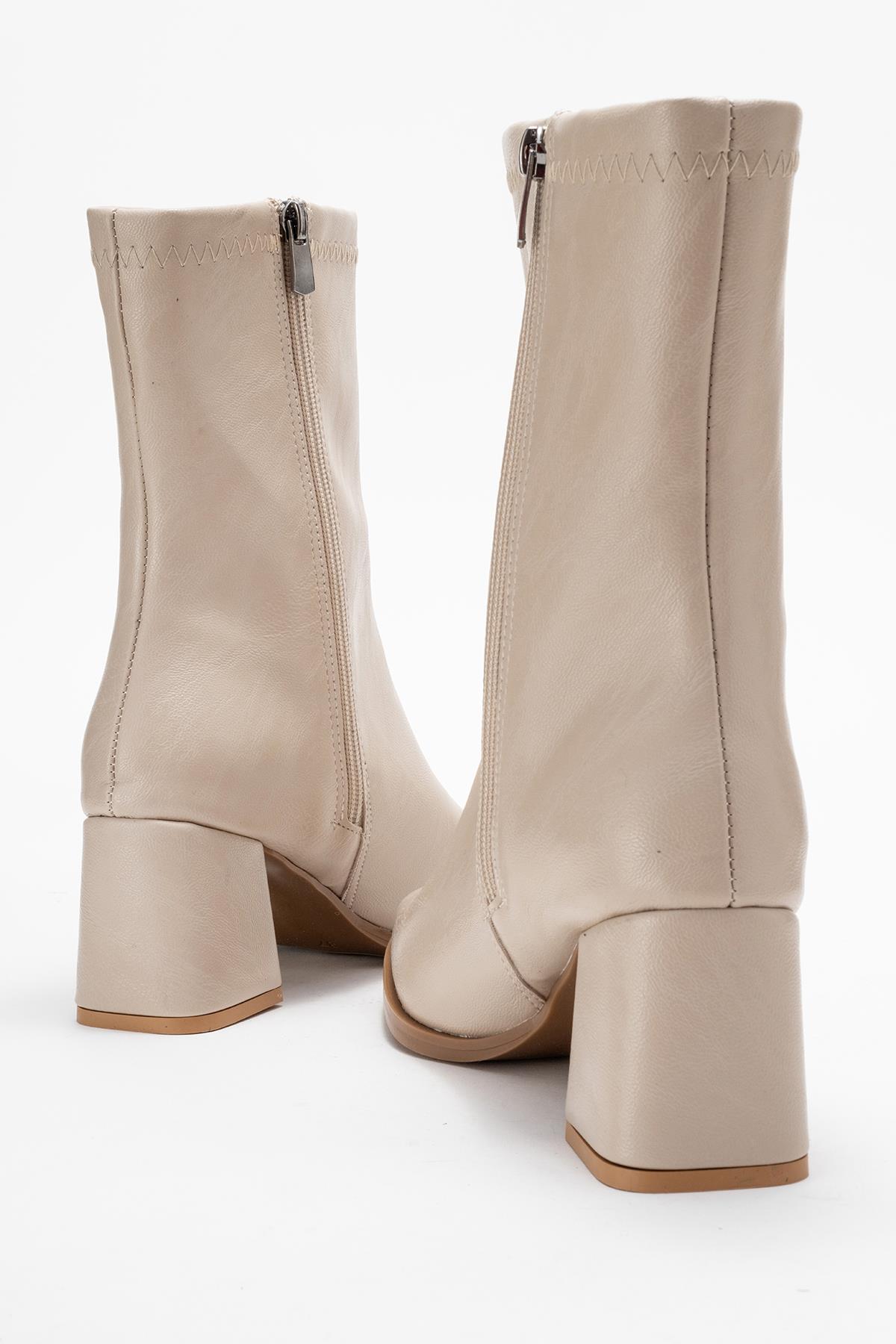 Küt Burunlu Sade Dikişli Fermuarlı Kadın Topuklu Bot TEN CİLT - Görsel 5