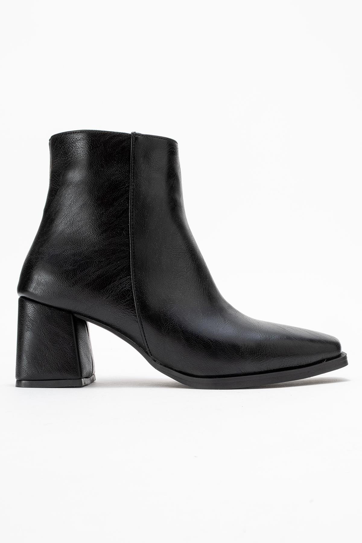 Kadın Sade Küt Burunlu Topuklu Bot SİYAH CİLT - Görsel 3