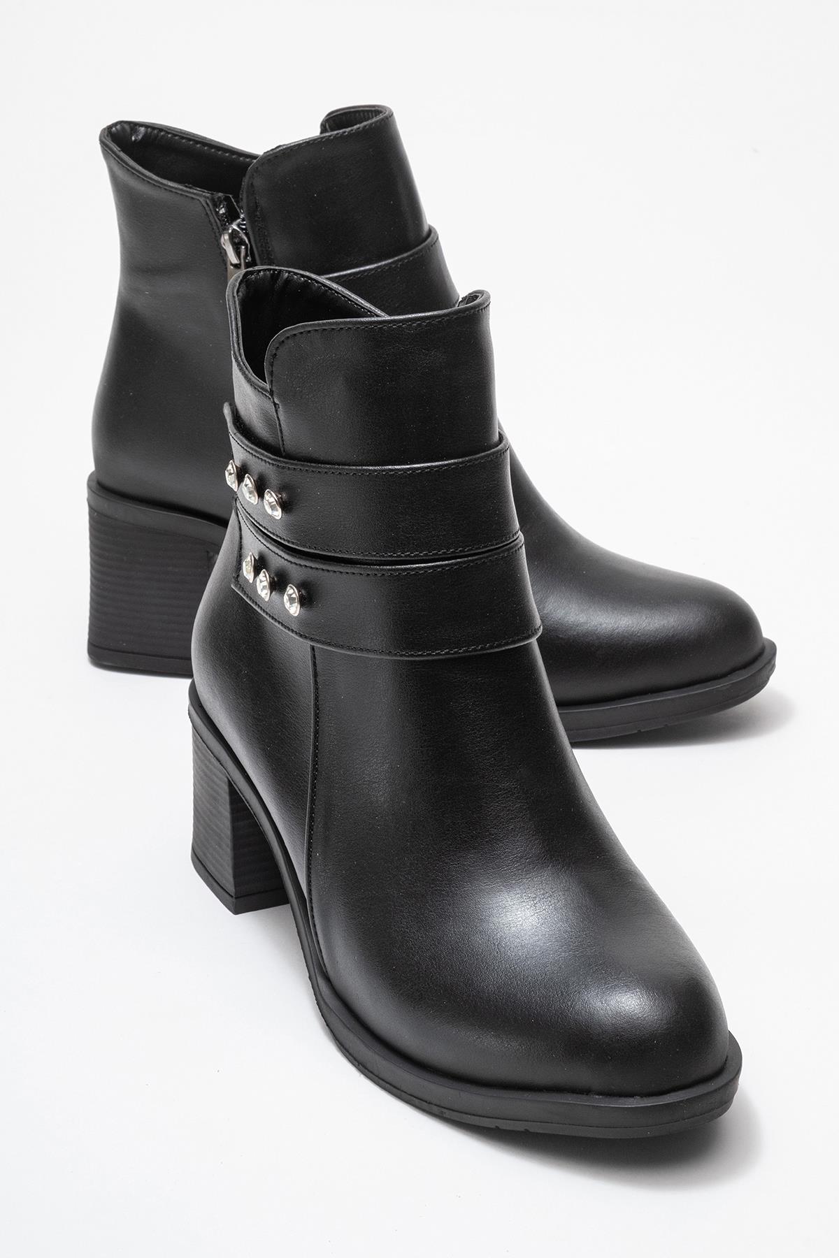 Kadın Çift Kemerli Taşlı Topuklu Bot SİYAH CİLT - Görsel 2