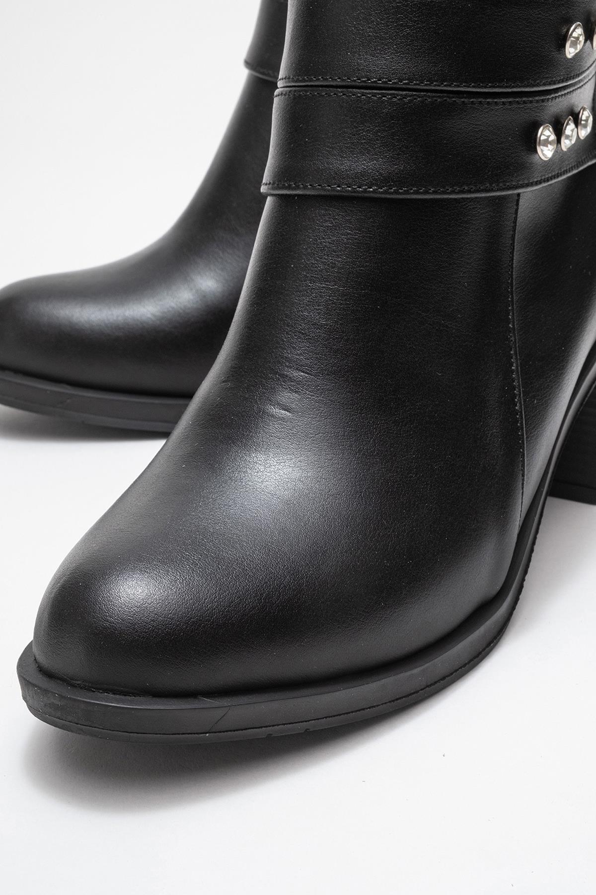 Kadın Çift Kemerli Taşlı Topuklu Bot SİYAH CİLT - Görsel 4