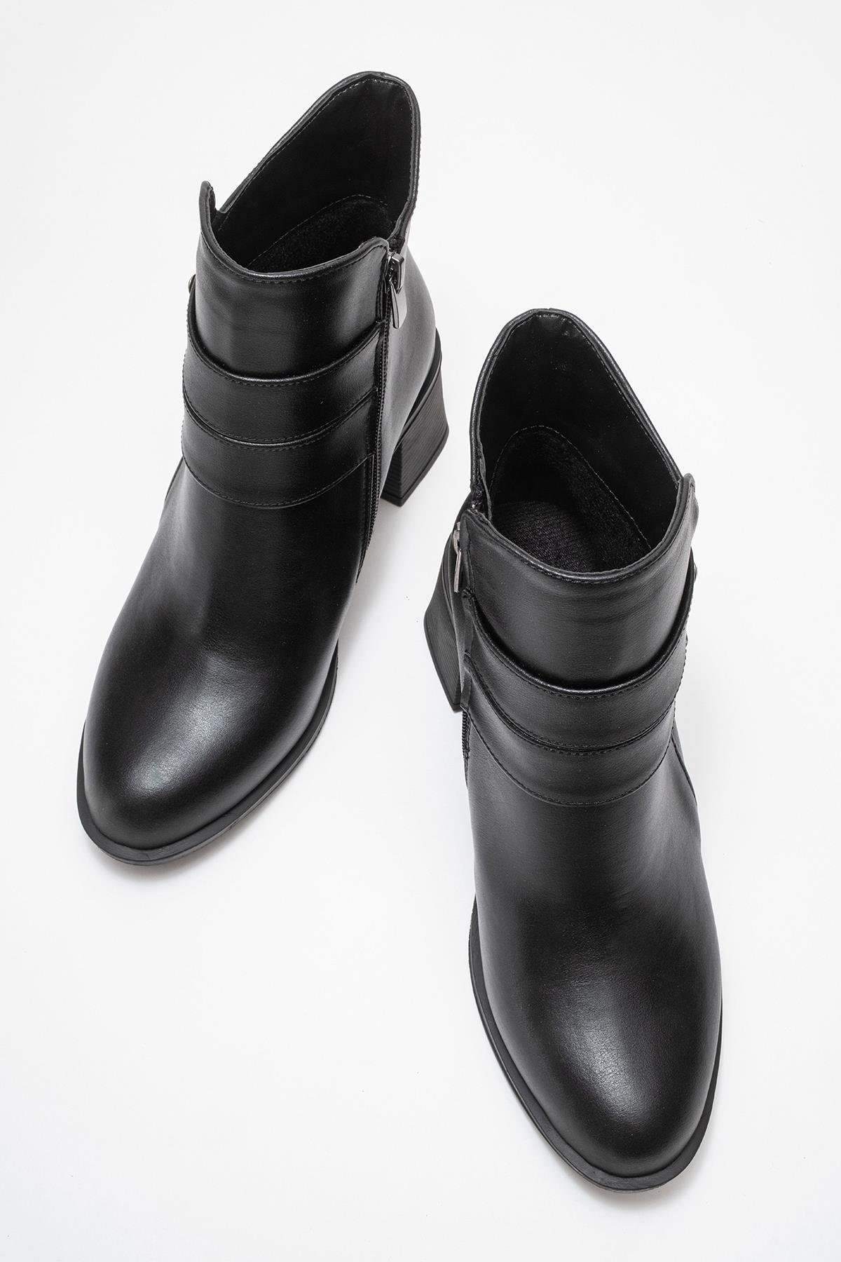 Kadın Çift Kemerli Taşlı Topuklu Bot SİYAH CİLT - Görsel 9