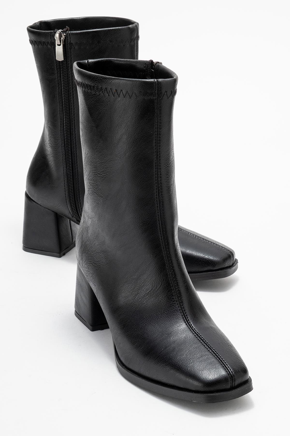 Küt Burunlu Sade Dikişli Fermuarlı Kadın Topuklu Bot SİYAH CİLT - Görsel 2