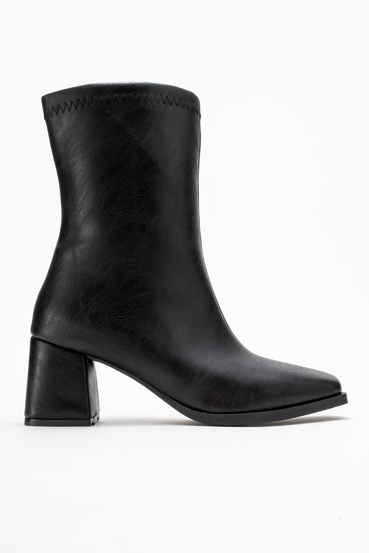 Küt Burunlu Sade Dikişli Fermuarlı Kadın Topuklu Bot SİYAH CİLT - Görsel 4