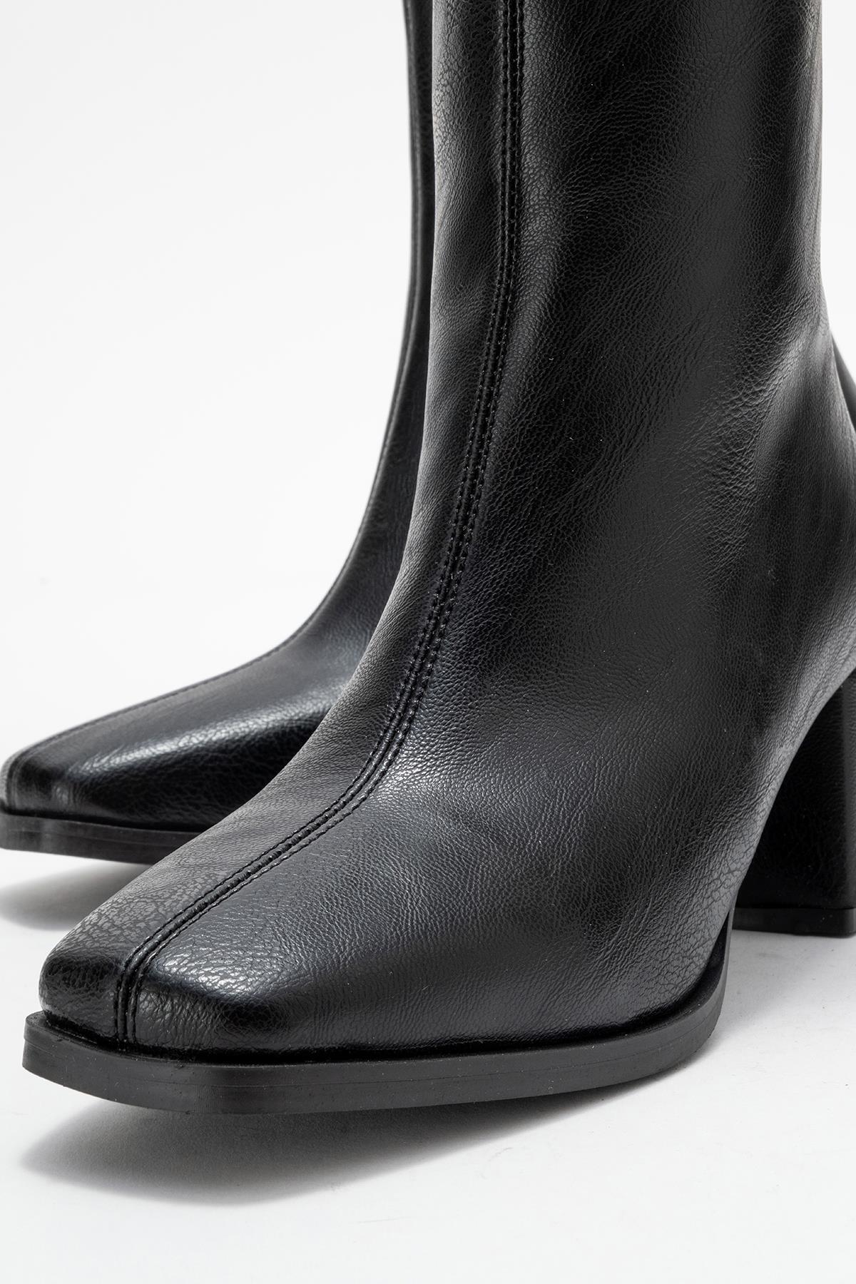Küt Burunlu Sade Dikişli Fermuarlı Kadın Topuklu Bot SİYAH CİLT - Görsel 6