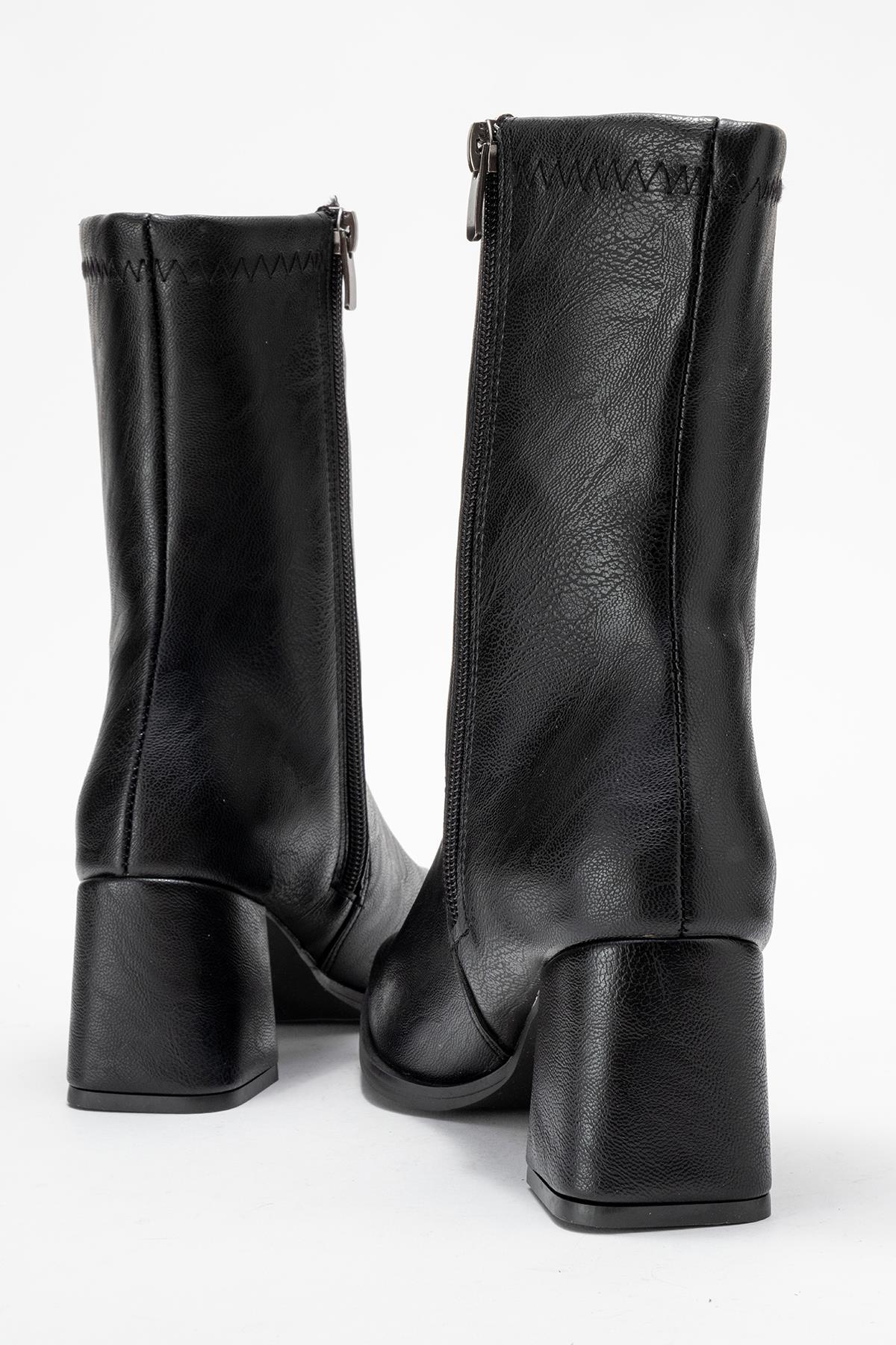 Küt Burunlu Sade Dikişli Fermuarlı Kadın Topuklu Bot SİYAH CİLT - Görsel 8
