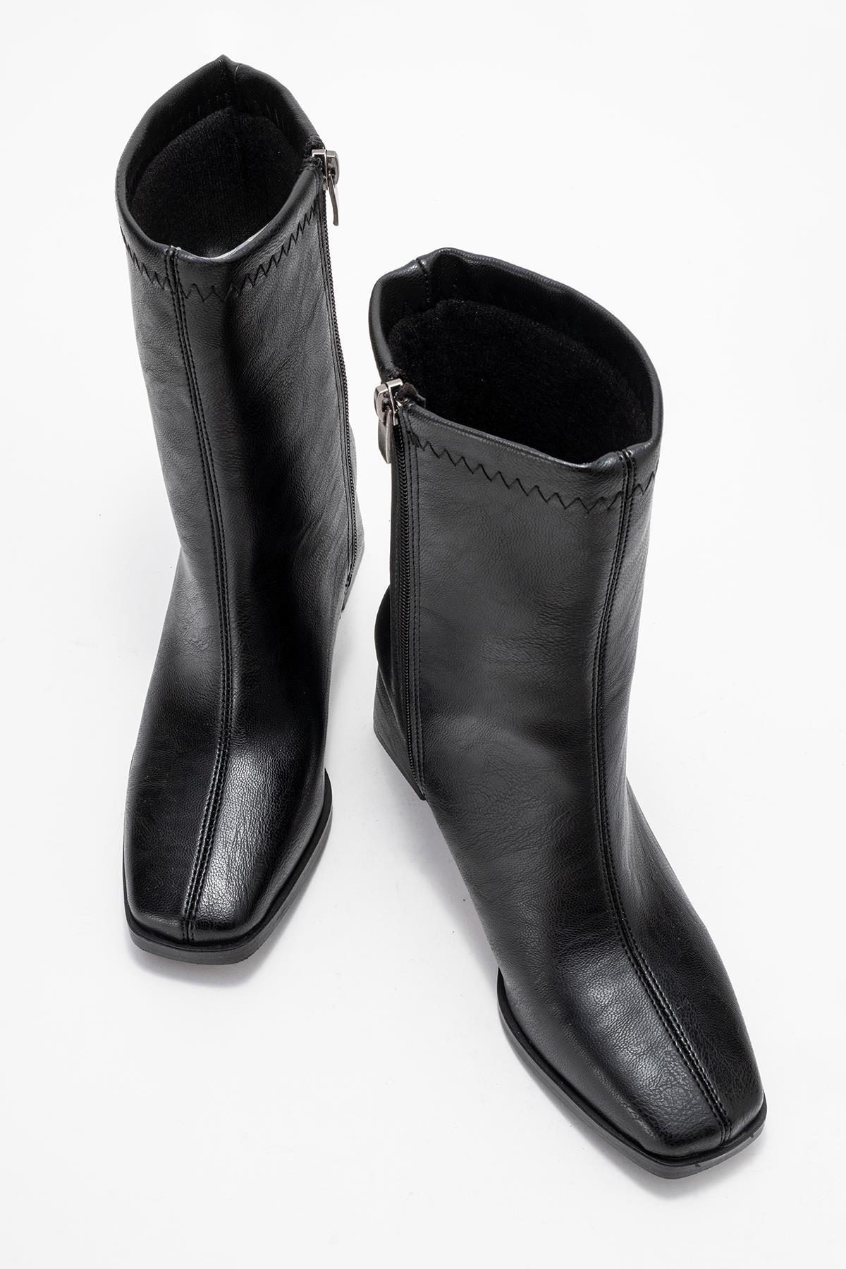 Küt Burunlu Sade Dikişli Fermuarlı Kadın Topuklu Bot SİYAH CİLT - Görsel 10