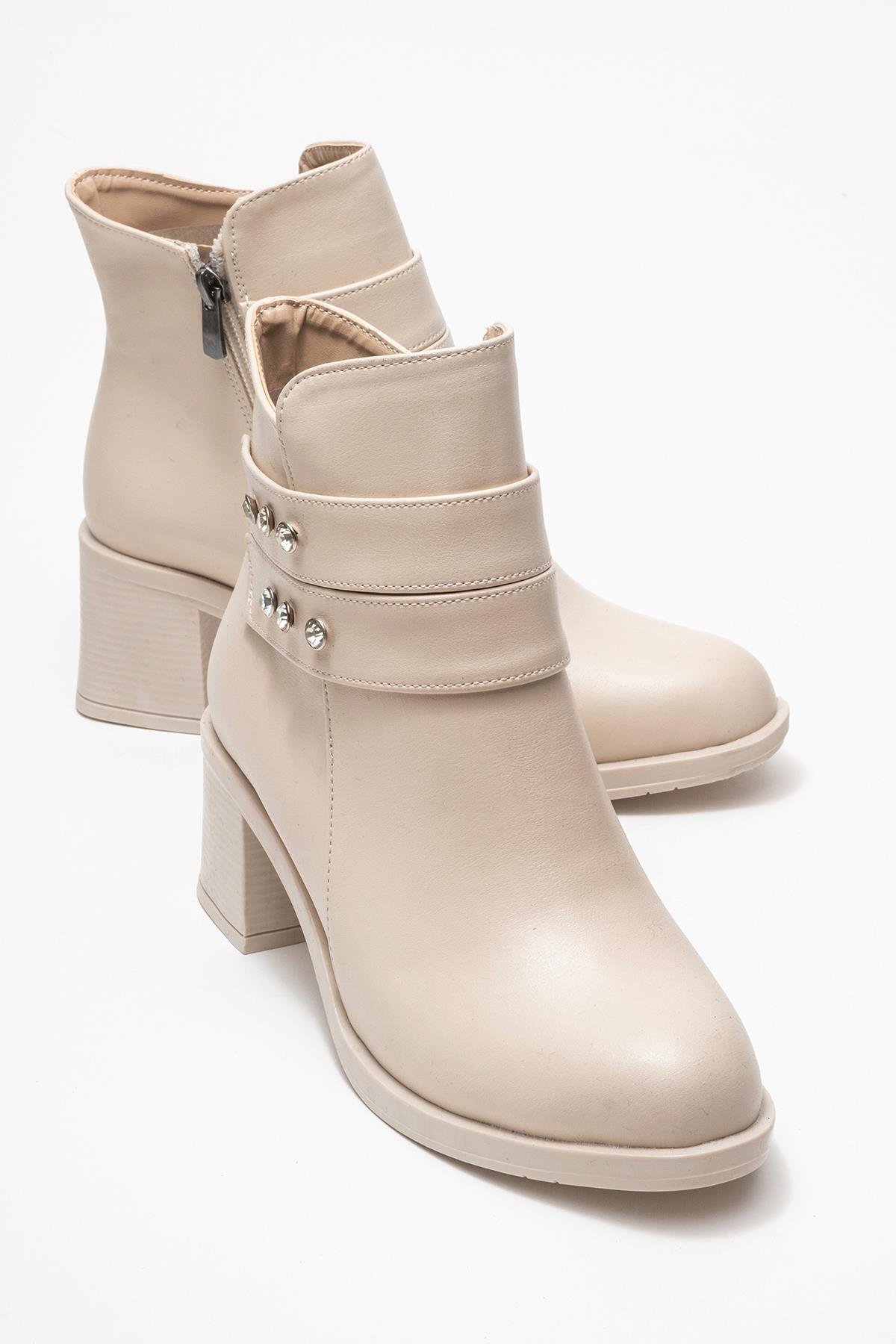 Kadın Çift Kemerli Taşlı Topuklu Bot BEJ CİLT - Görsel 2