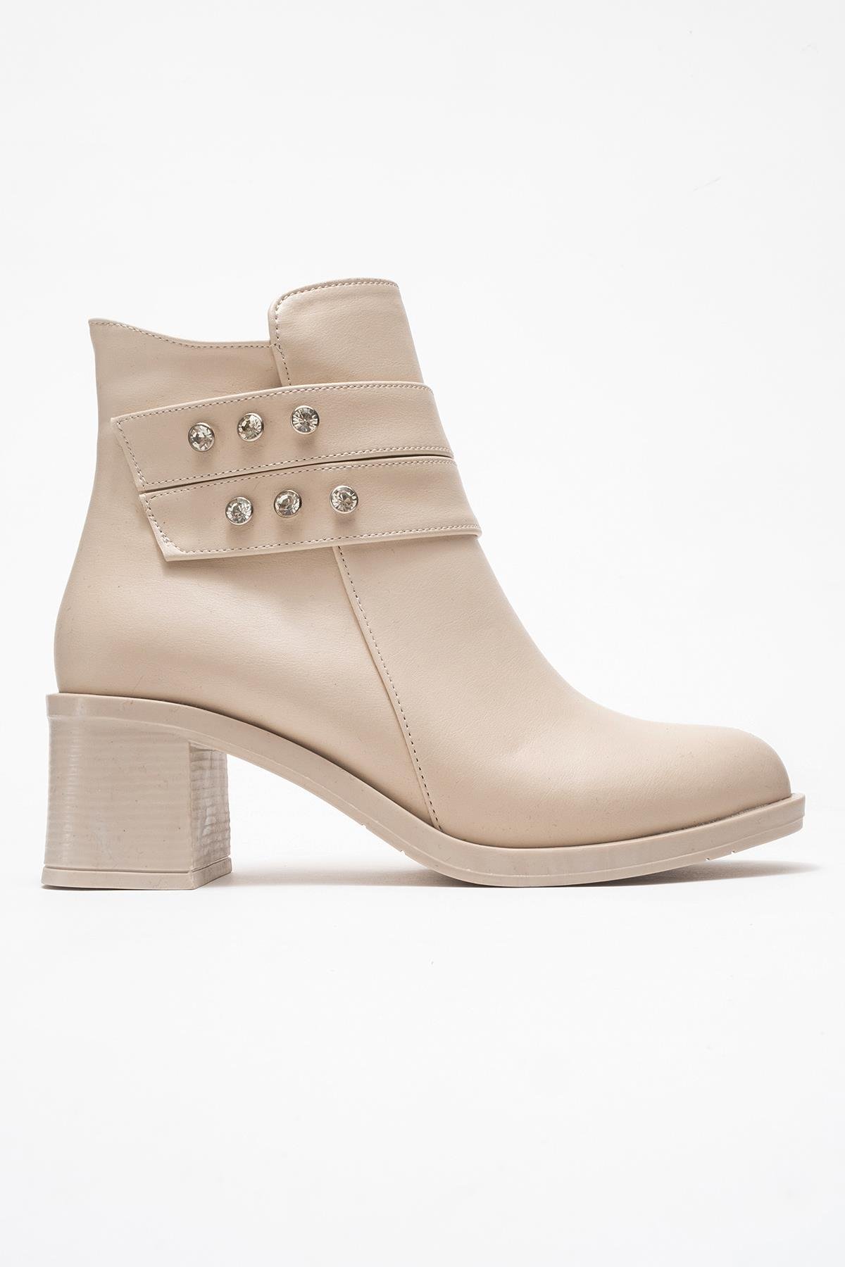 Kadın Çift Kemerli Taşlı Topuklu Bot BEJ CİLT - Görsel 3