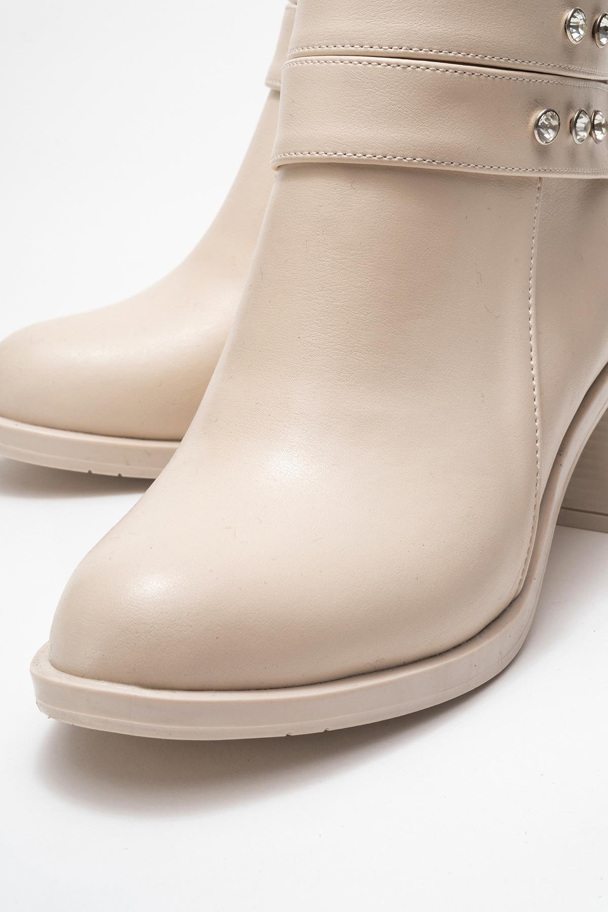 Kadın Çift Kemerli Taşlı Topuklu Bot BEJ CİLT - Görsel 4