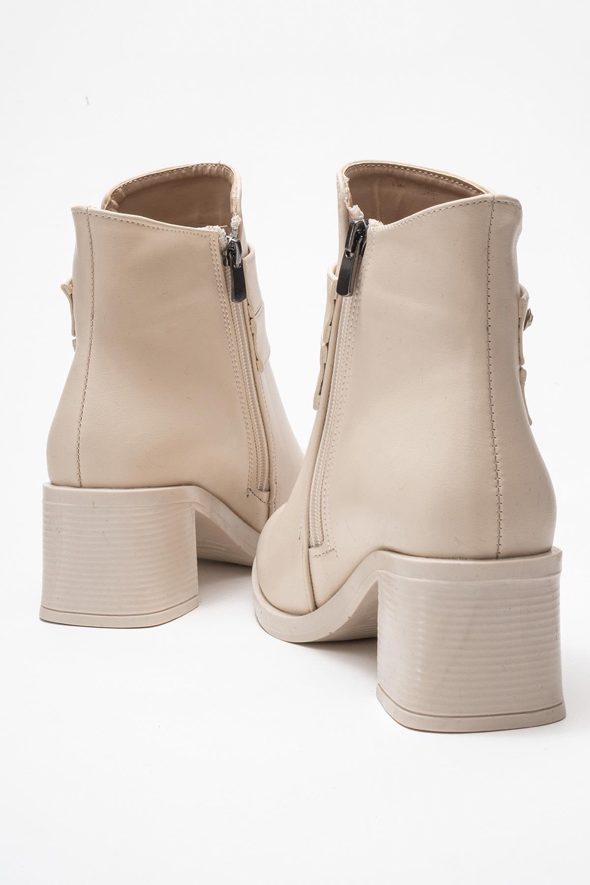 Kadın Çift Kemerli Taşlı Topuklu Bot BEJ CİLT - Görsel 6