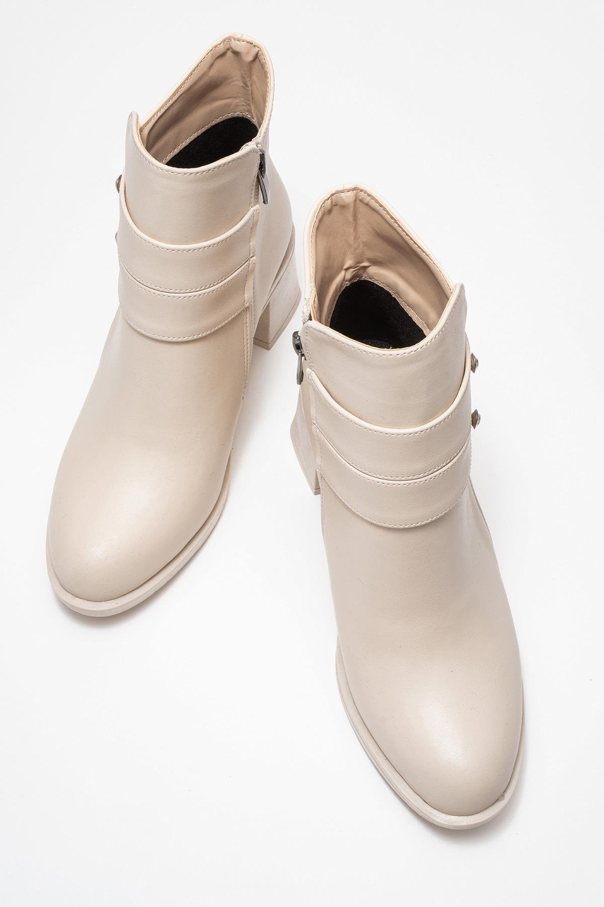 Kadın Çift Kemerli Taşlı Topuklu Bot BEJ CİLT - Görsel 8