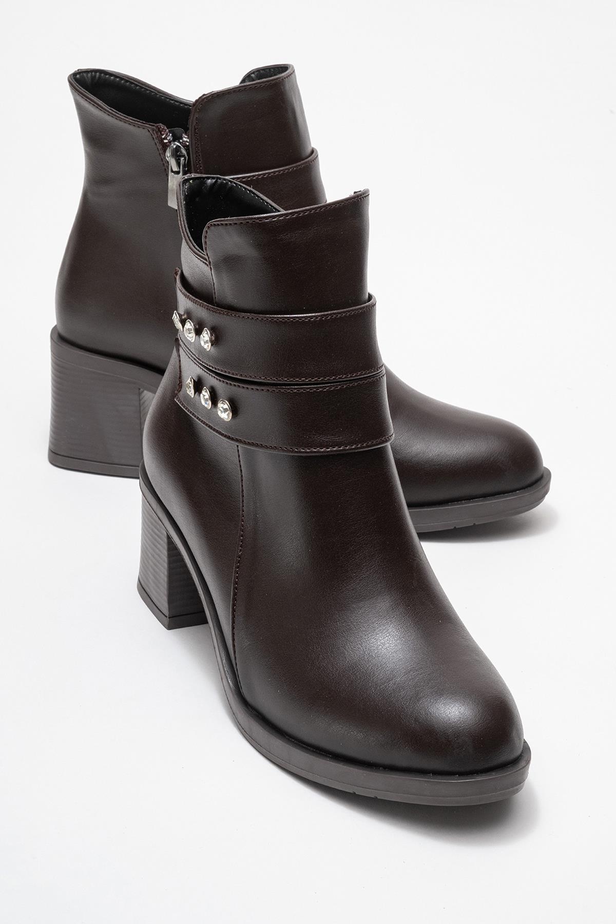 Kadın Çift Kemerli Taşlı Topuklu Bot KAHVE CİLT - Görsel 2