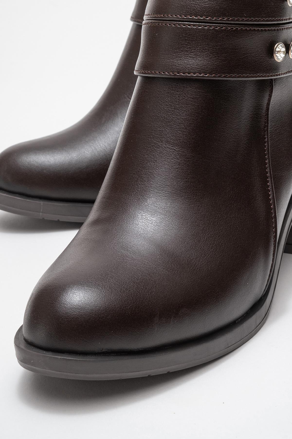 Kadın Çift Kemerli Taşlı Topuklu Bot KAHVE CİLT - Görsel 4